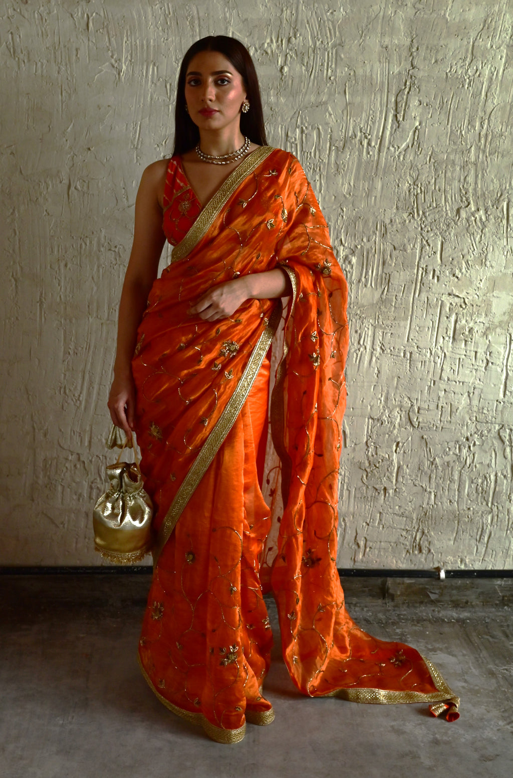 Bel Jaal saree in Orange tissue chanderi