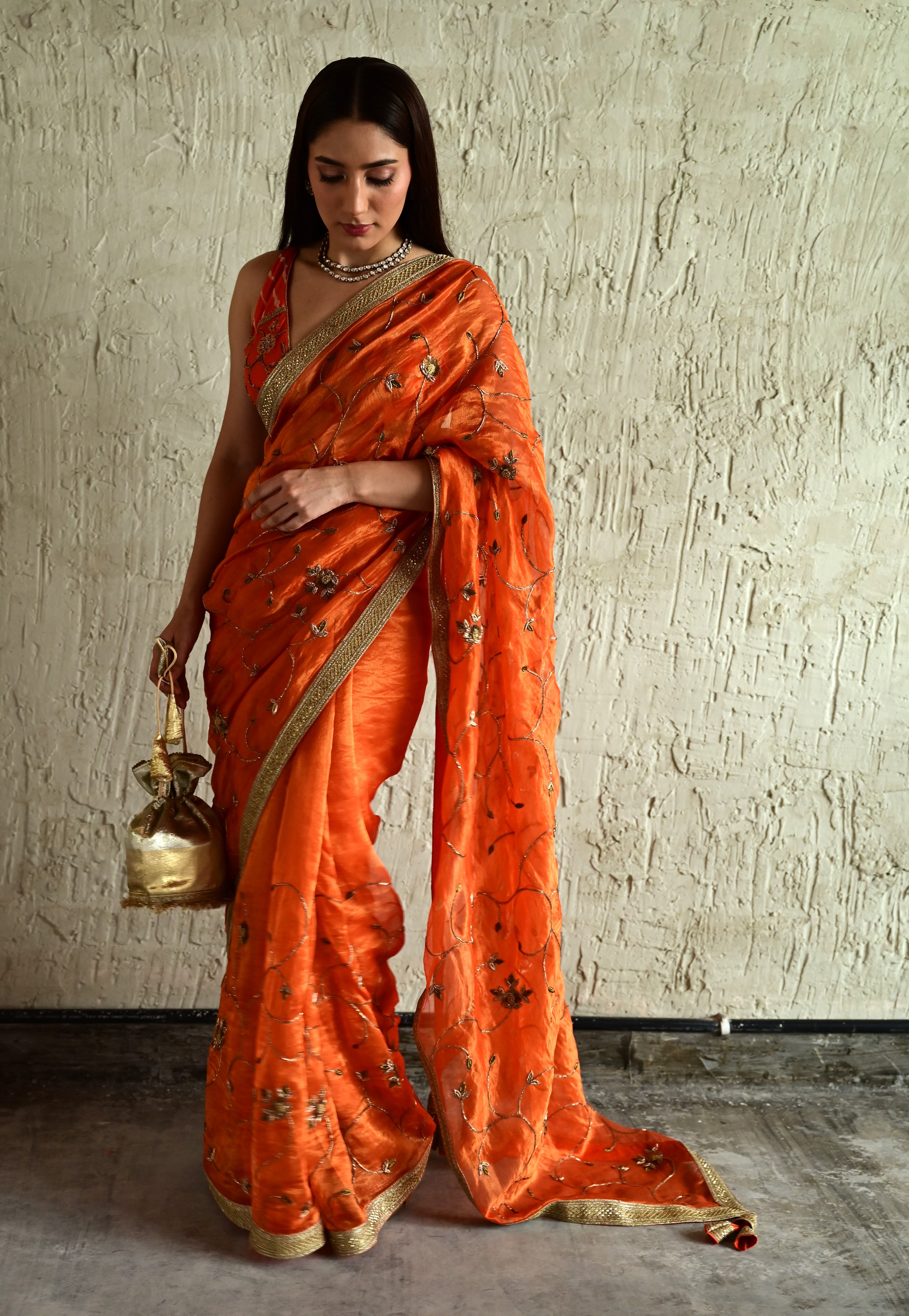 Bel Jaal saree in Orange tissue chanderi