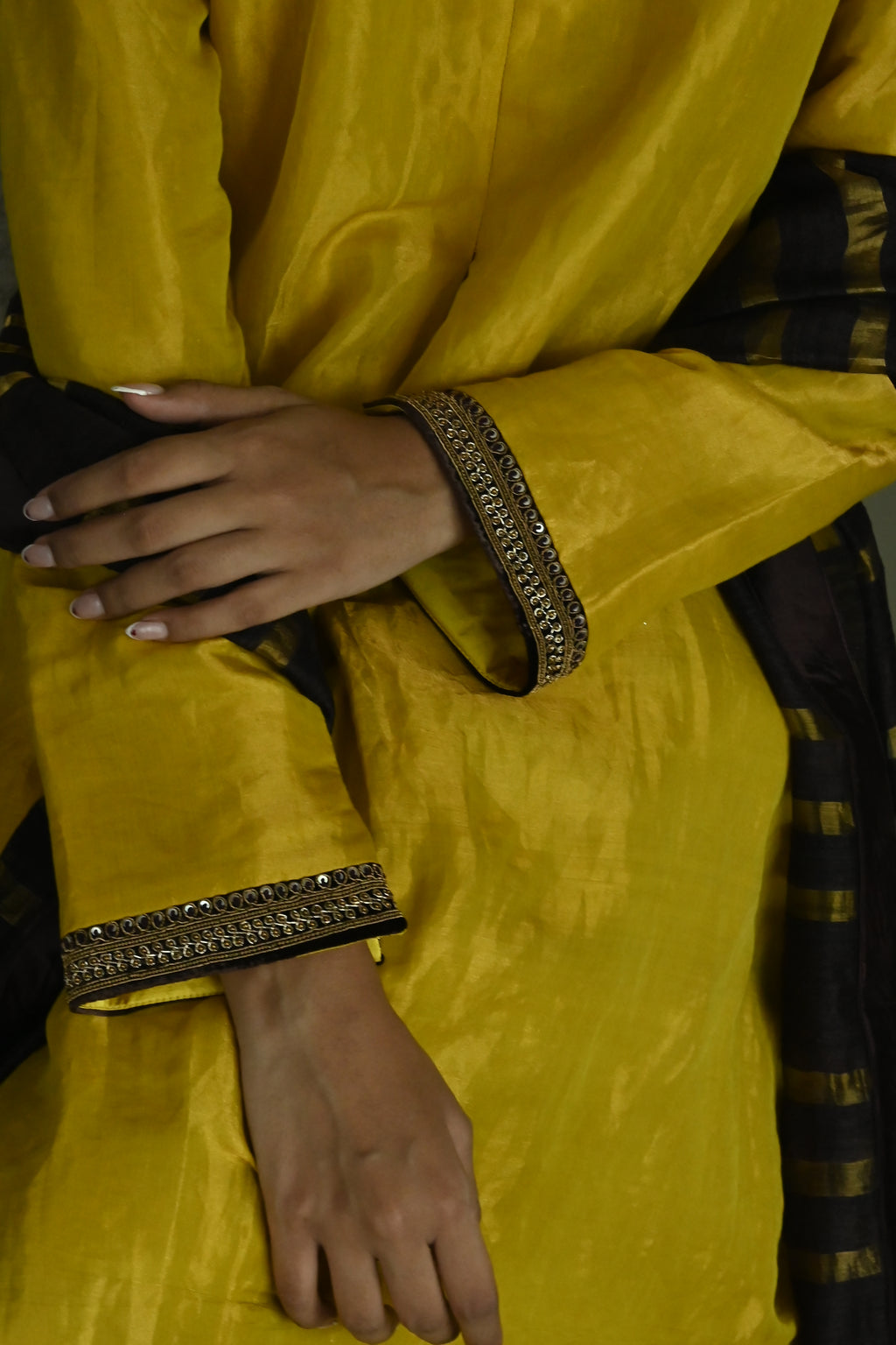 Zeenat Kurta in Ochre Tissue with Brown Brocade Pallazzo