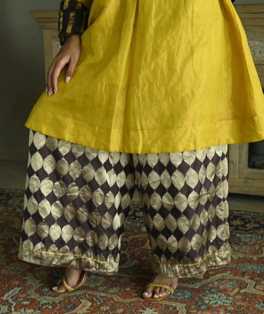 Zeenat Kurta in Ochre Tissue with Brown Brocade Pallazzo