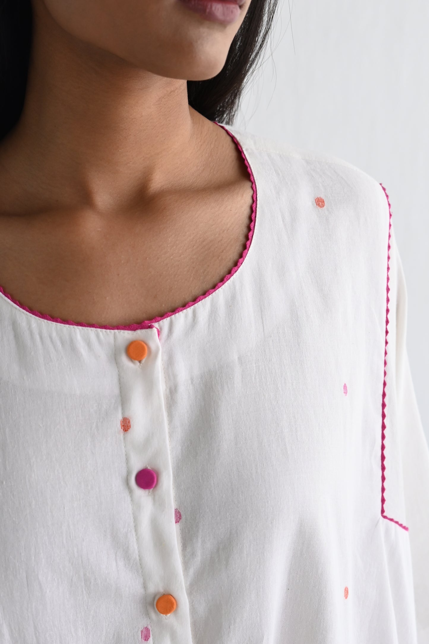 Choga Shirt in Ivory & Multicolor Dot Jamdani with Stripes Salwar