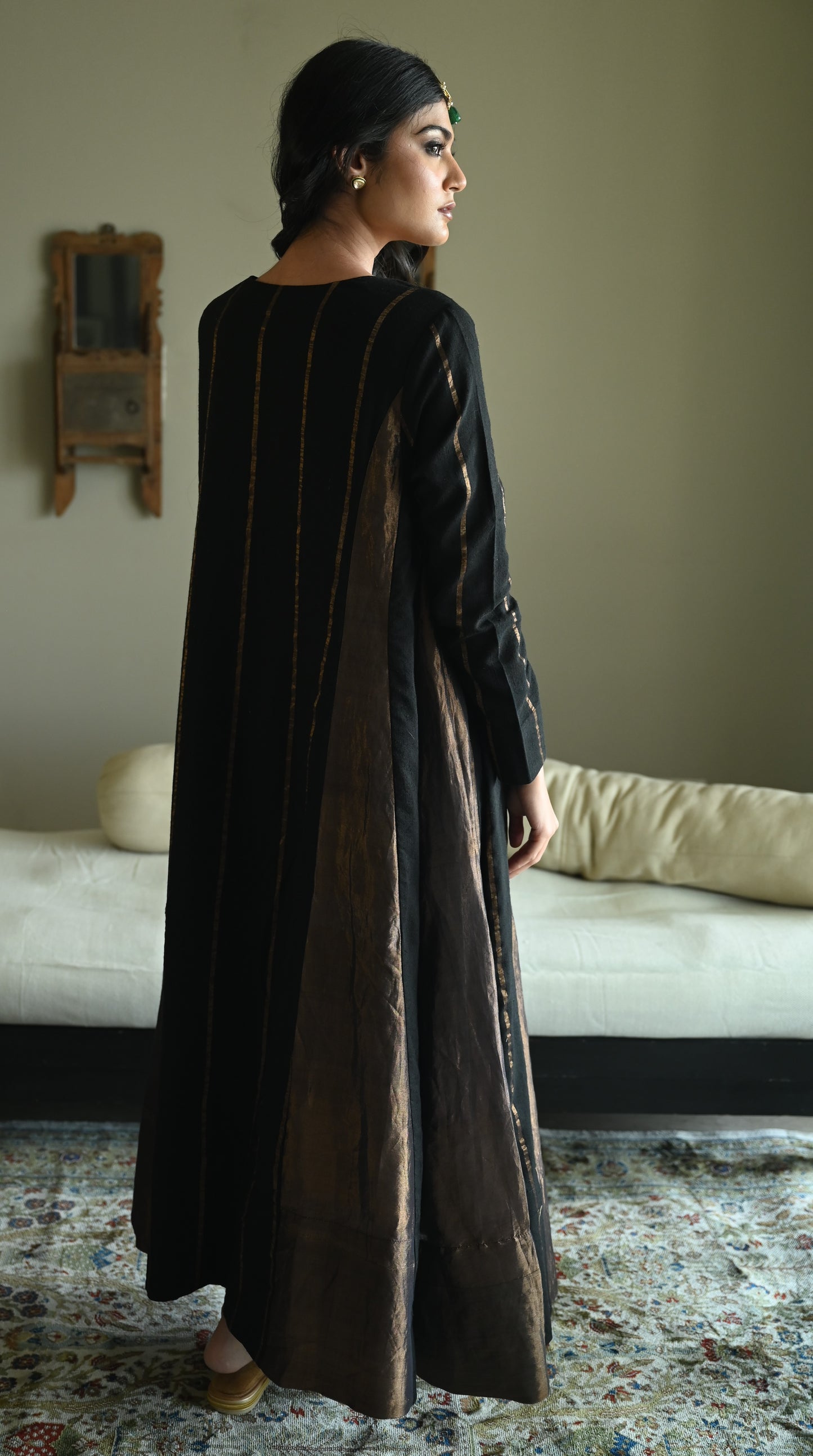 Tannu kurta in Black Tussar Khadi Stripe with Black Tissue Kali