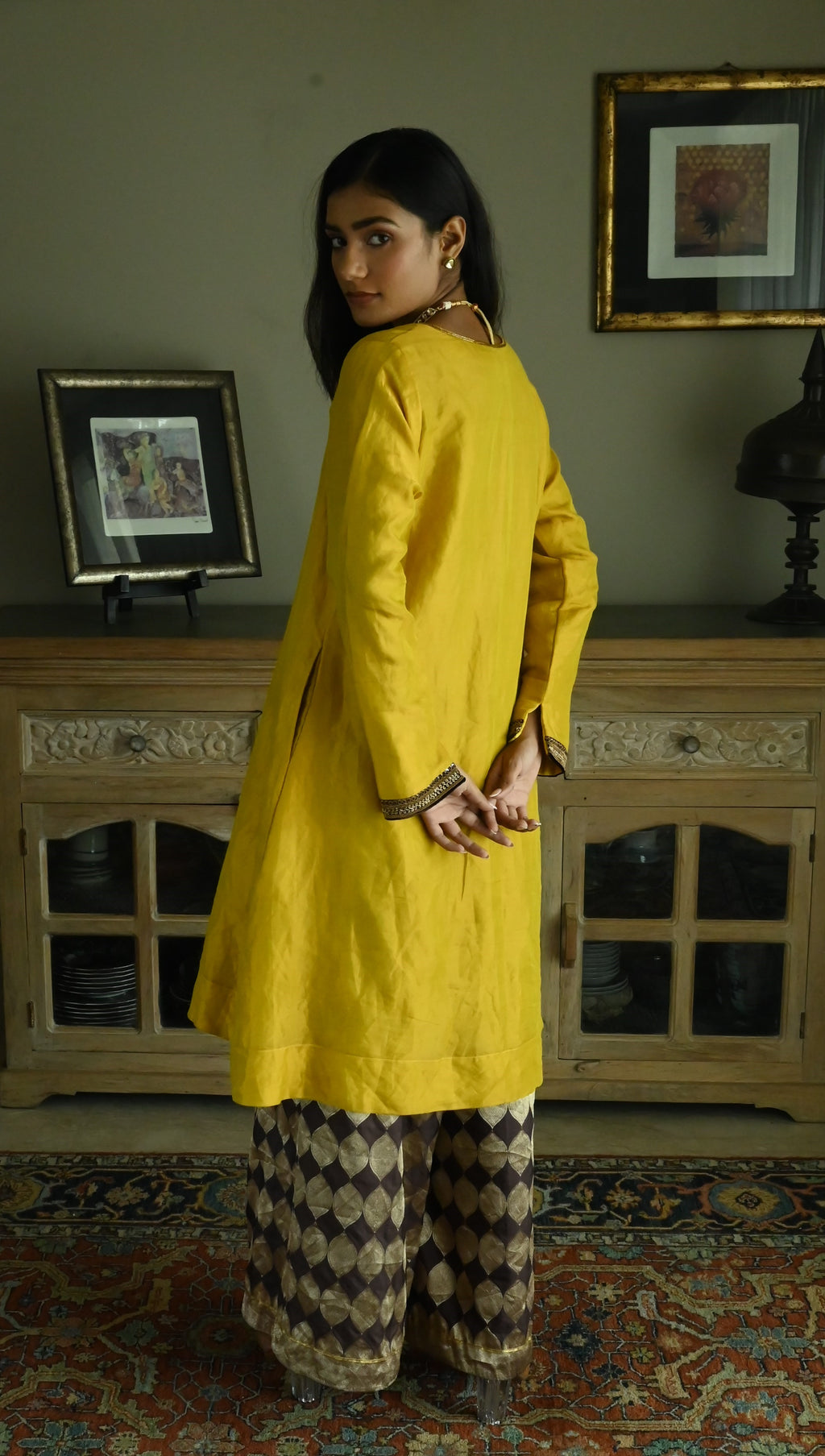 Zeenat Kurta in Ochre Tissue with Brown Brocade Pallazzo