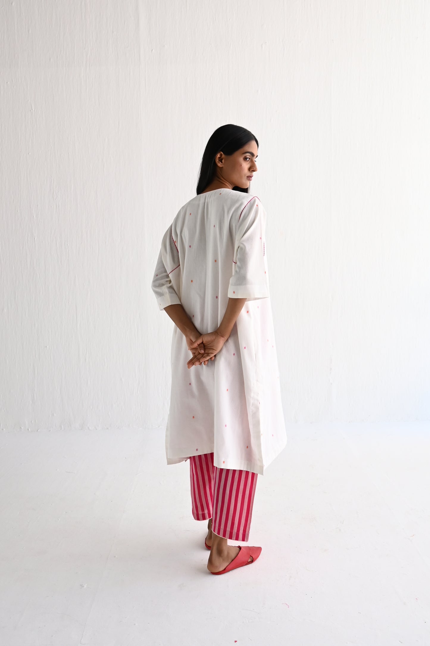 Choga Shirt in Ivory & Multicolor Dot Jamdani with Stripes Salwar