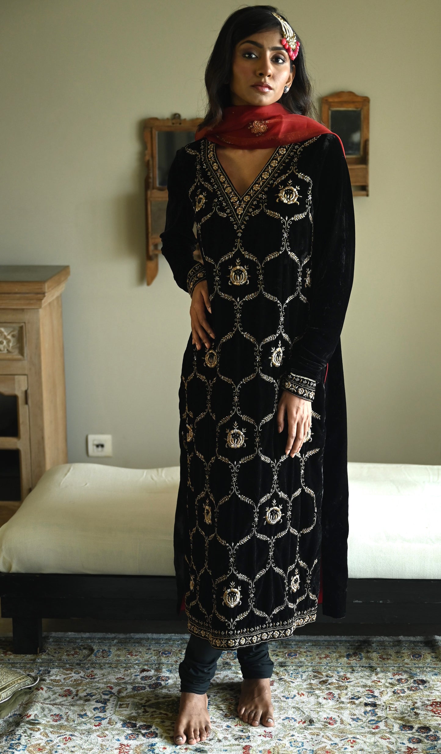 Rumi Kurta in Black Velvet with Black Churidar Pant