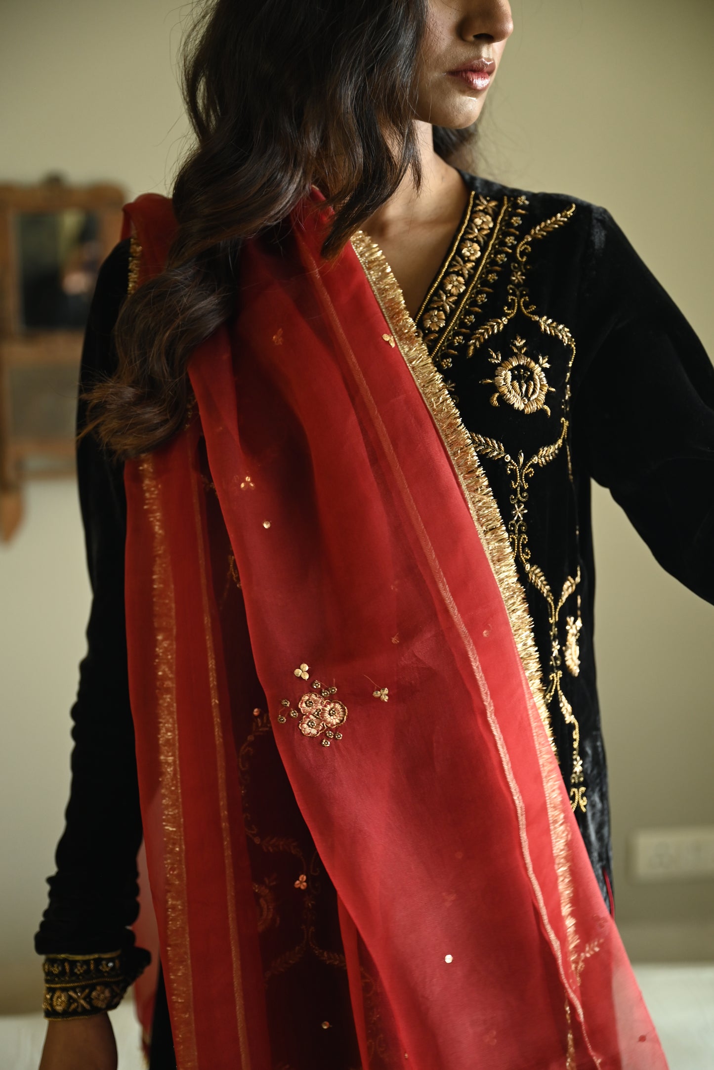 Shiuli  Applique Dupatta in Red Organza