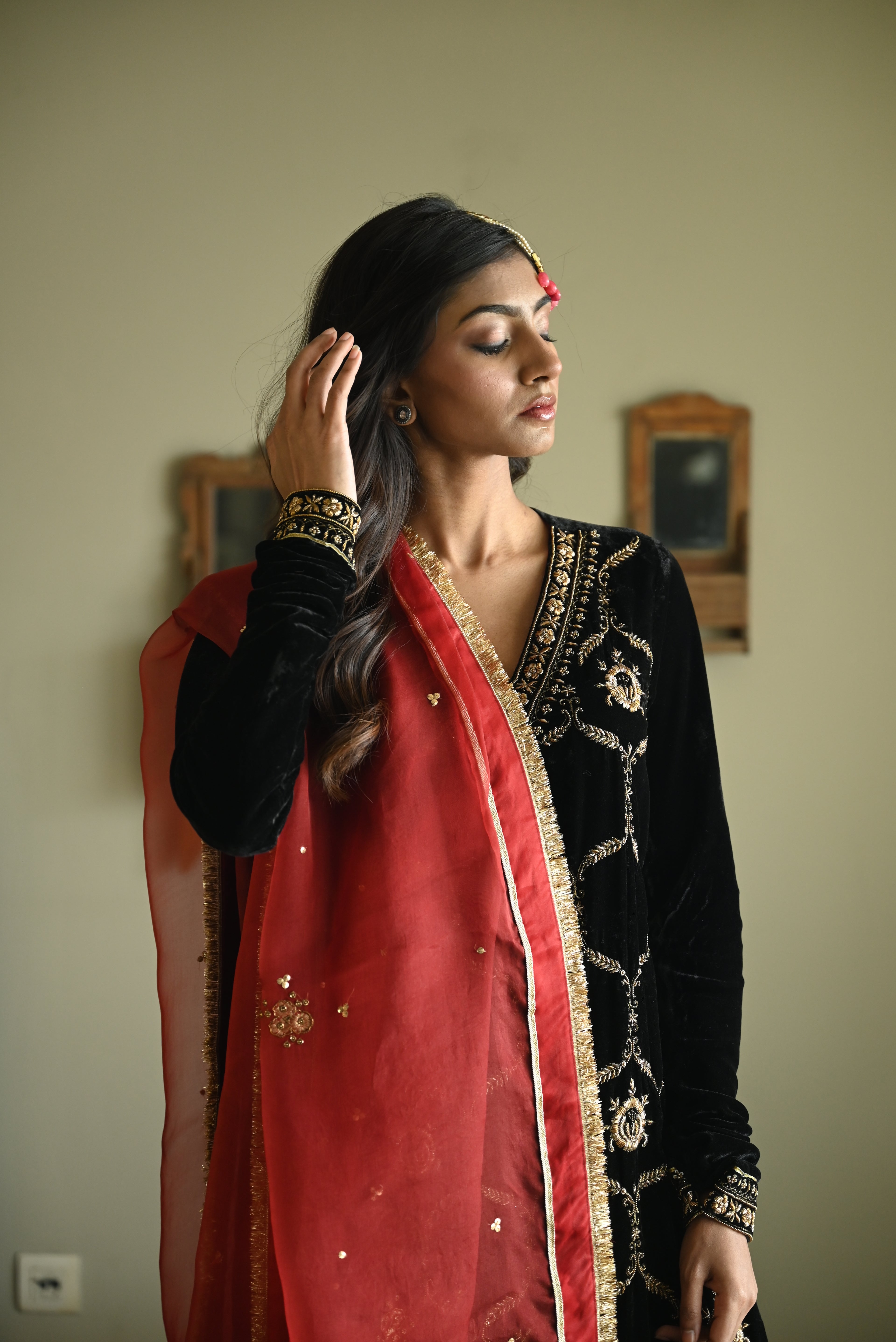 Rumi Kurta in Black Velvet with Black Churidar Pant