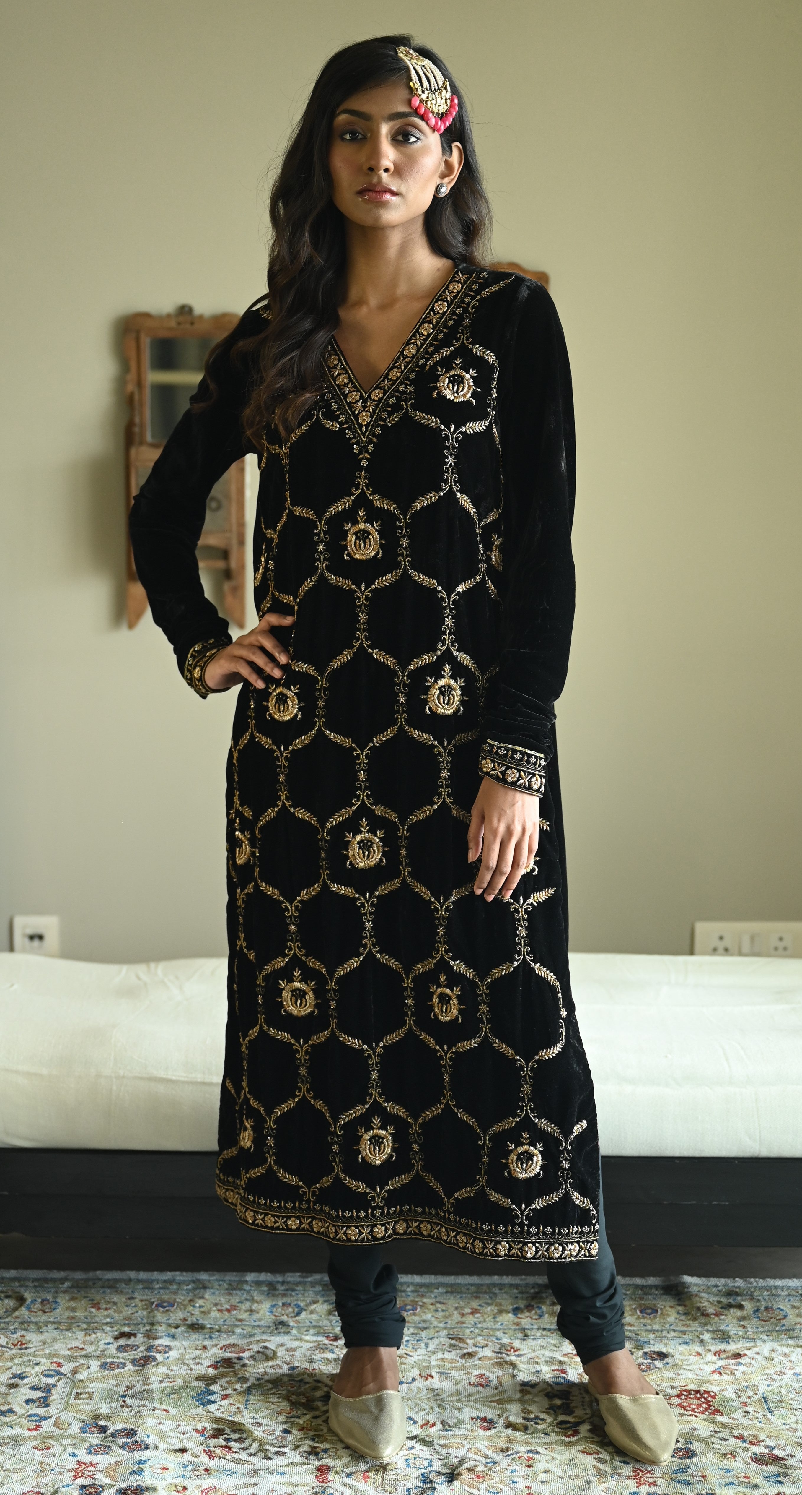 Rumi Kurta in Black Velvet with Black Churidar Pant