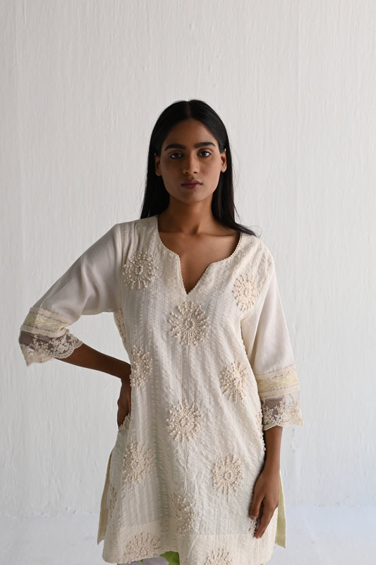 Saifi Kurta in Ivory Lace Cotton with Printed Pant