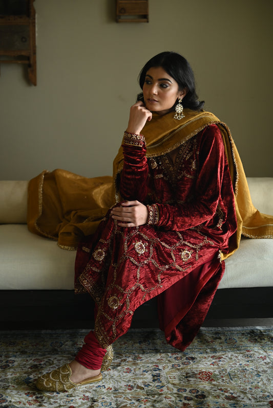 Rumi Kurta in Red Velvet with Red Churidar Pant