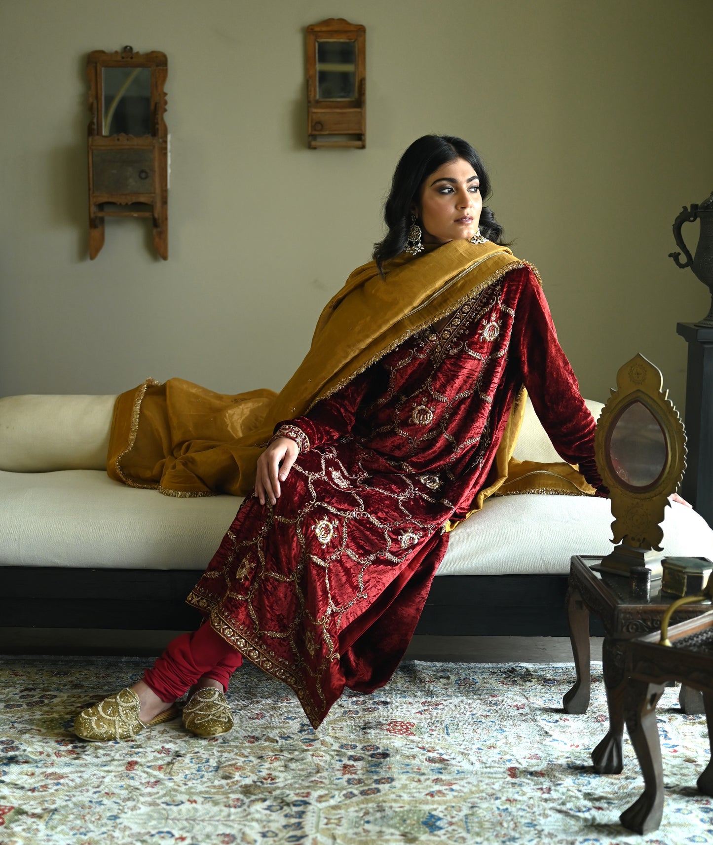 Rumi Kurta in Red Velvet with Red Churidar Pant