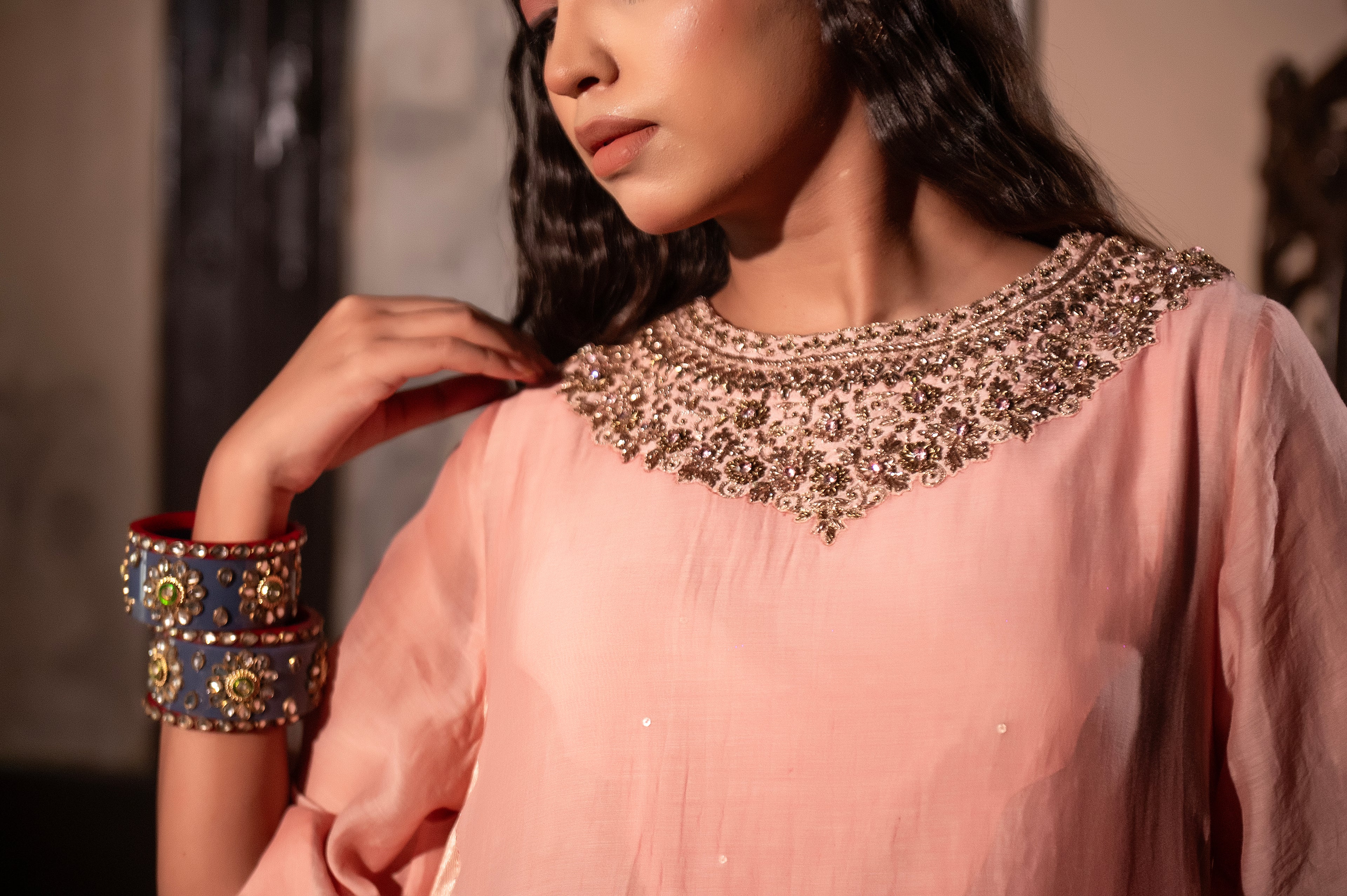 Mehr kurta in Dusty Pink Chanderi with Dusty Pink Farshi