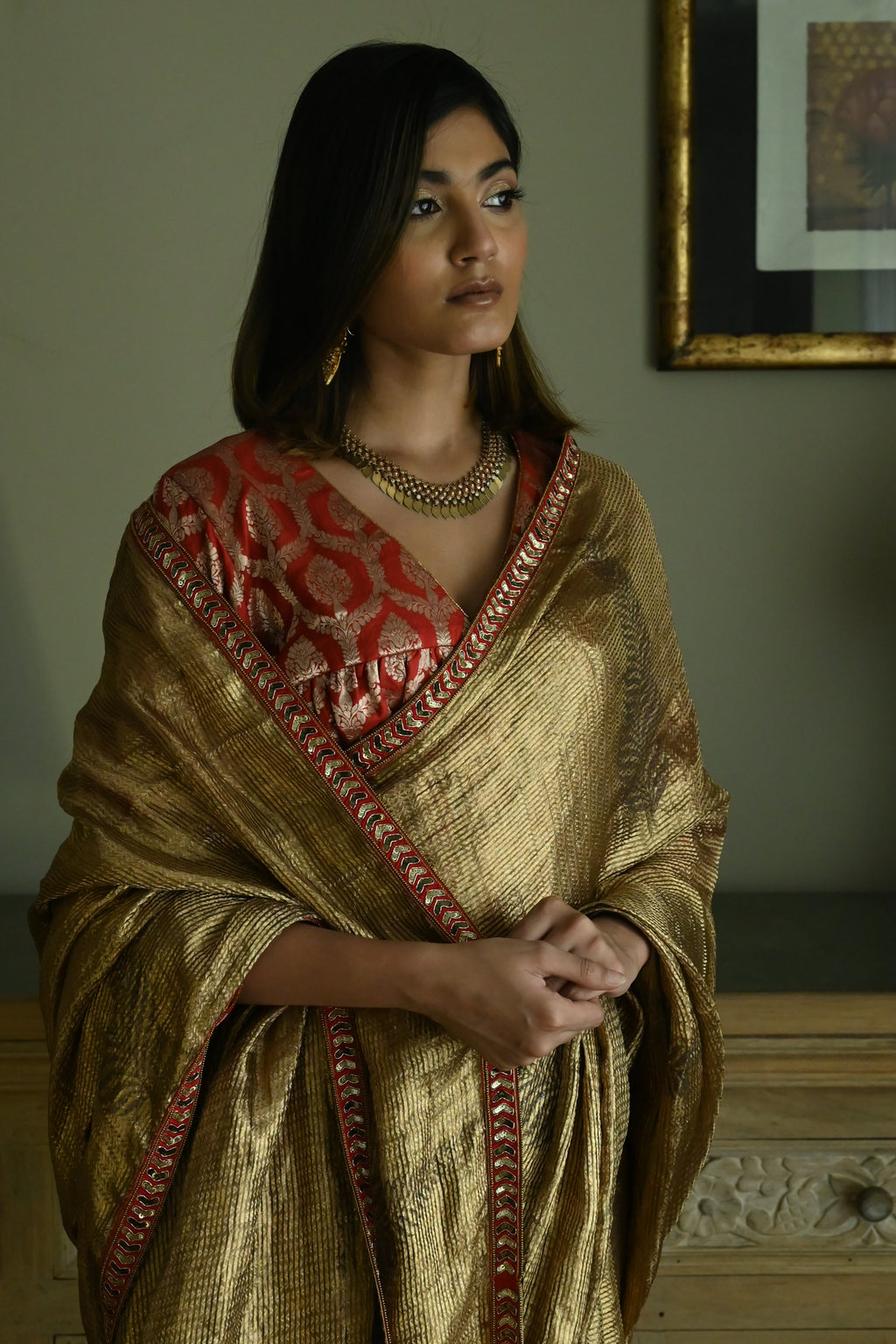 Sona Jaal Saree in Vintage Gold Brocade Tissue