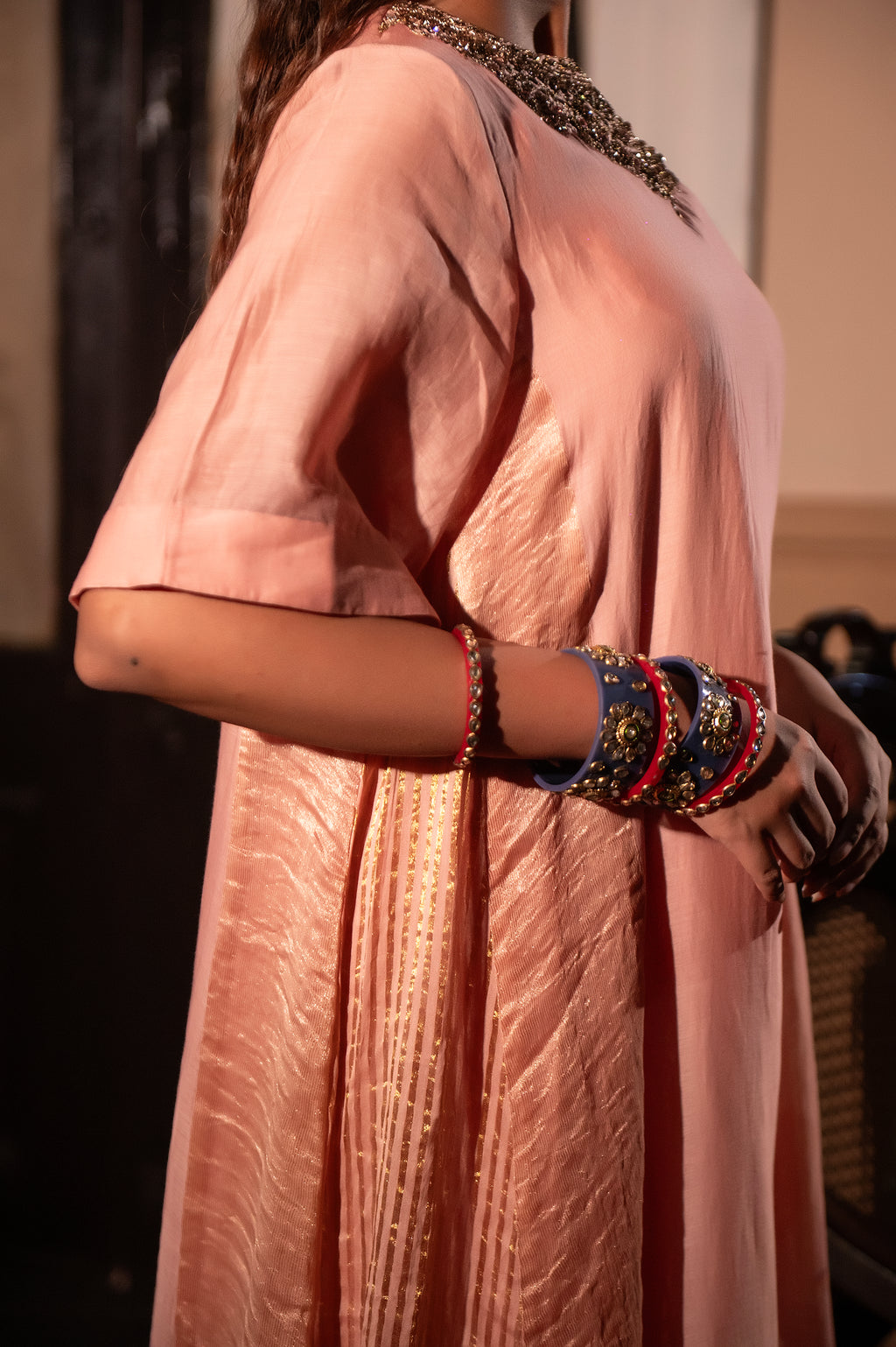 Mehr kurta in Dusty Pink Chanderi with Dusty Pink Farshi