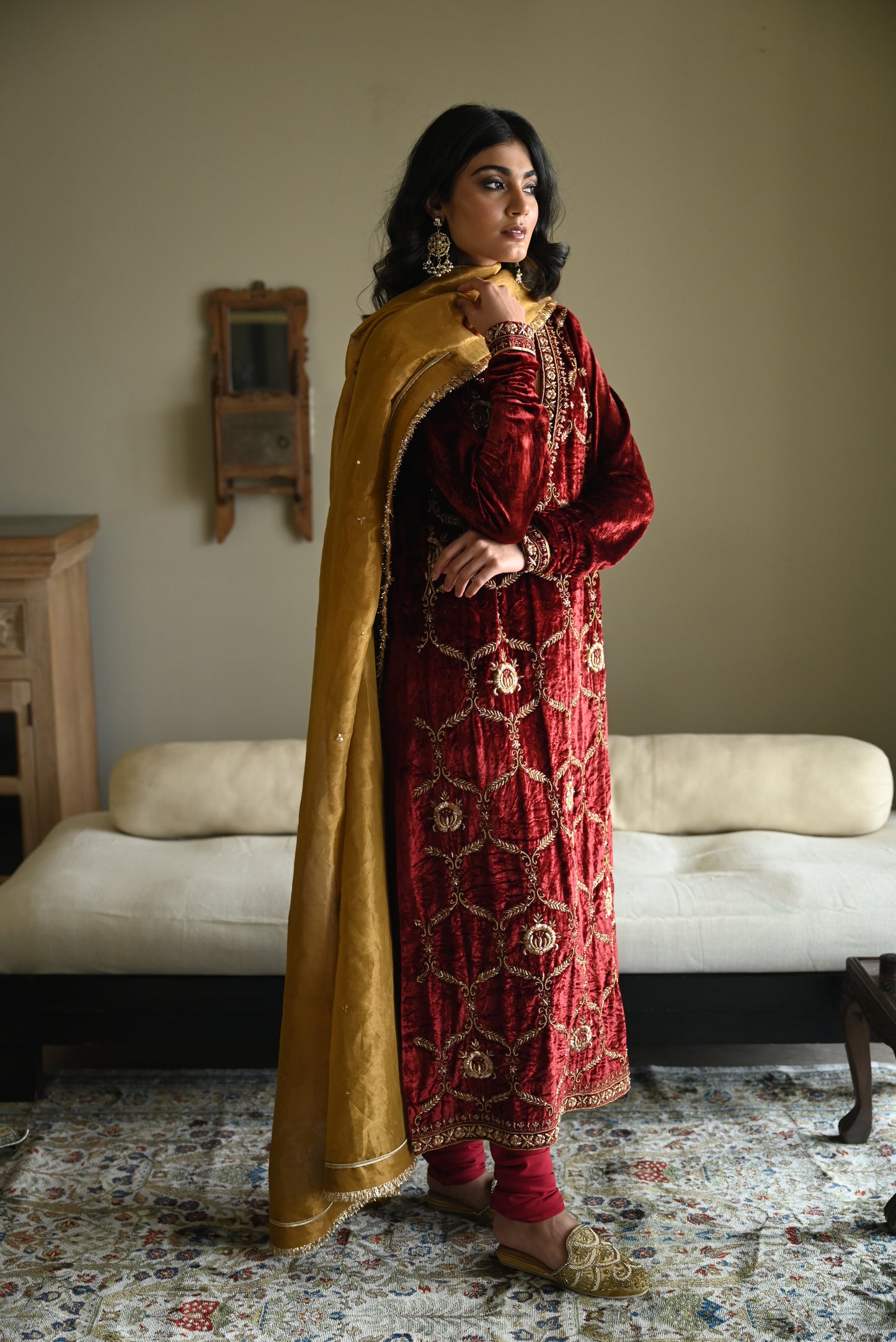 Rumi Kurta in Red Velvet with Red Churidar Pant