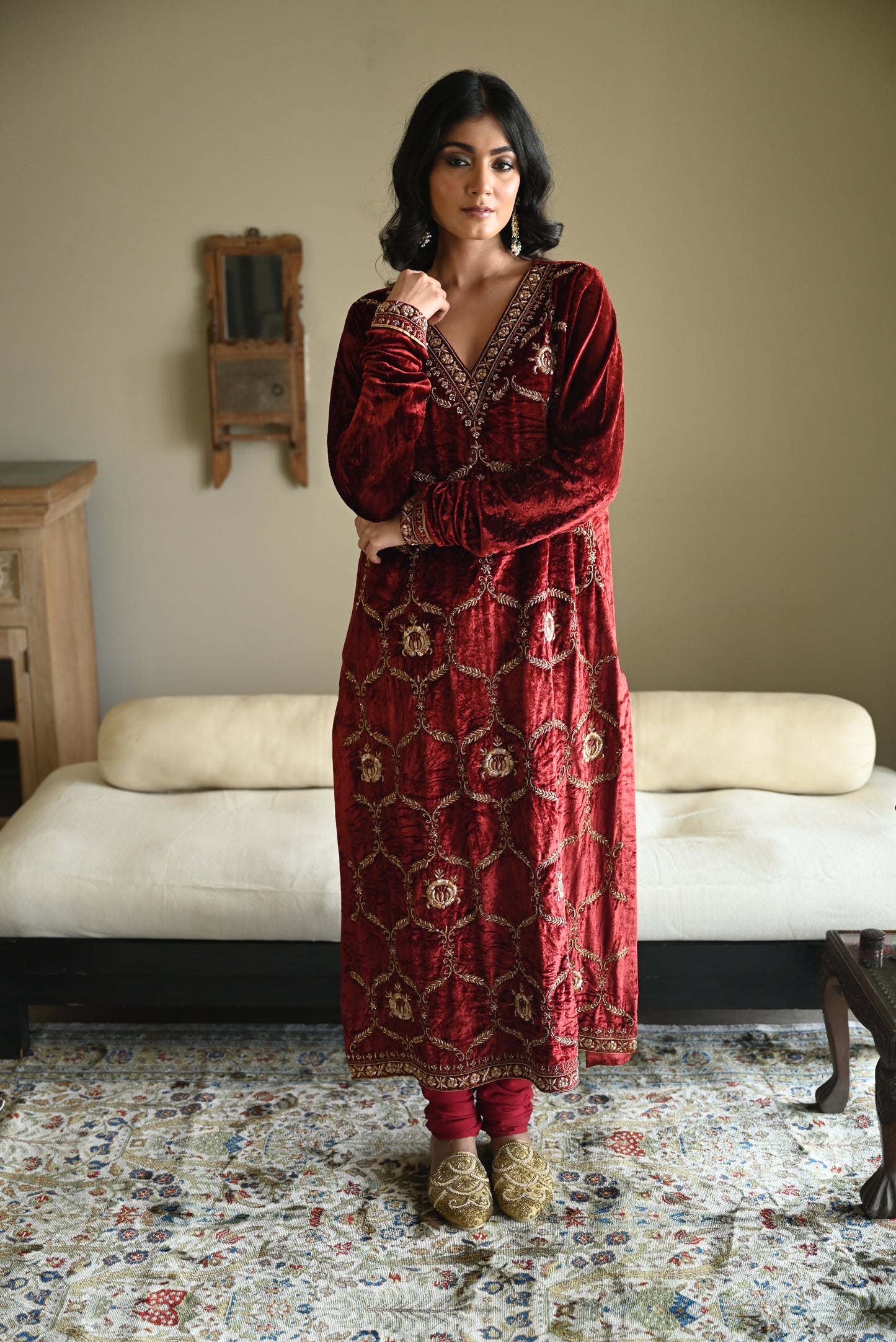 Rumi Kurta in Red Velvet with Red Churidar Pant