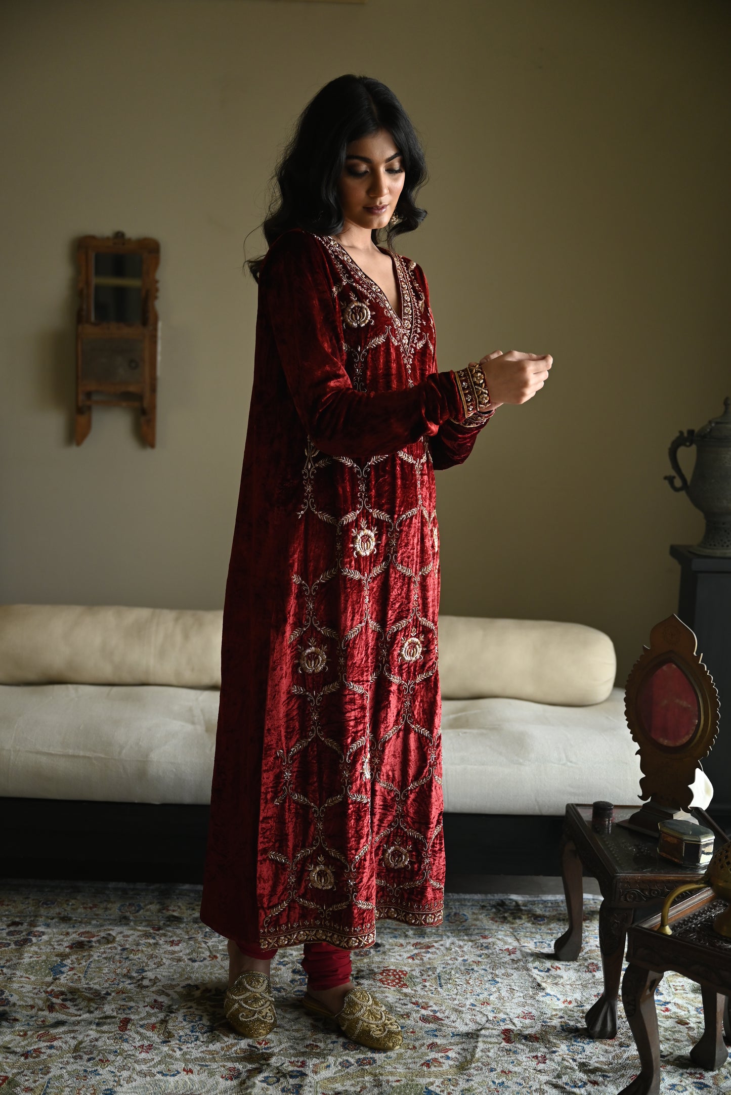 Rumi Kurta in Red Velvet with Red Churidar Pant