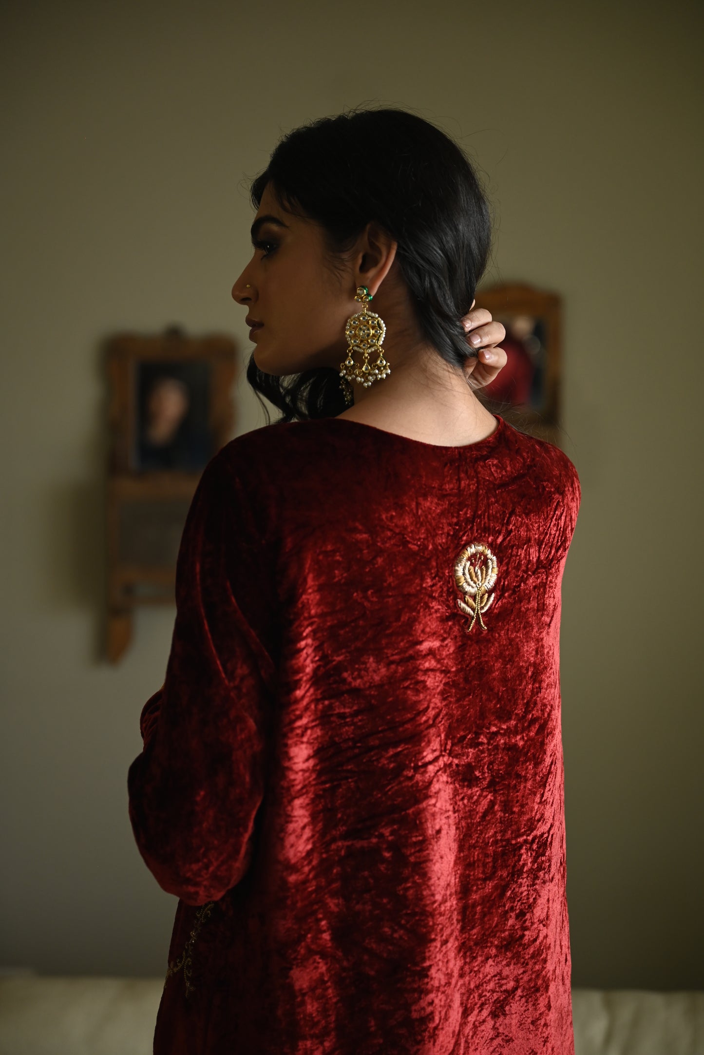 Rumi Kurta in Red Velvet with Red Churidar Pant