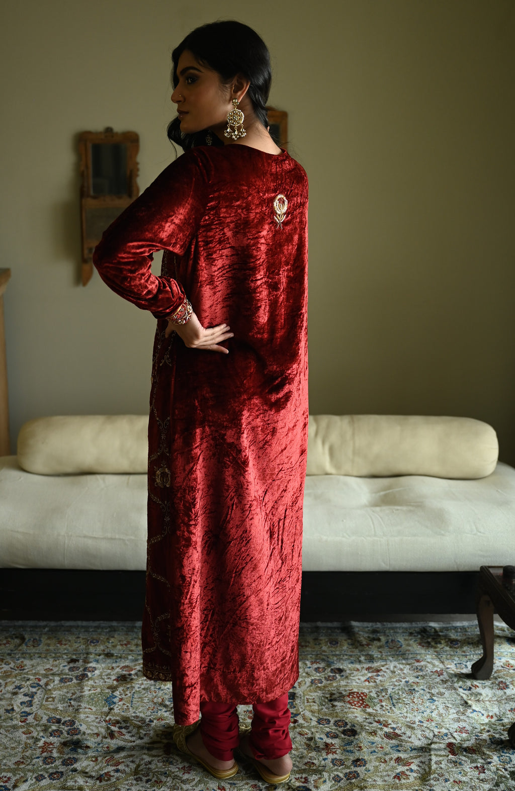Rumi Kurta in Red Velvet with Red Churidar Pant