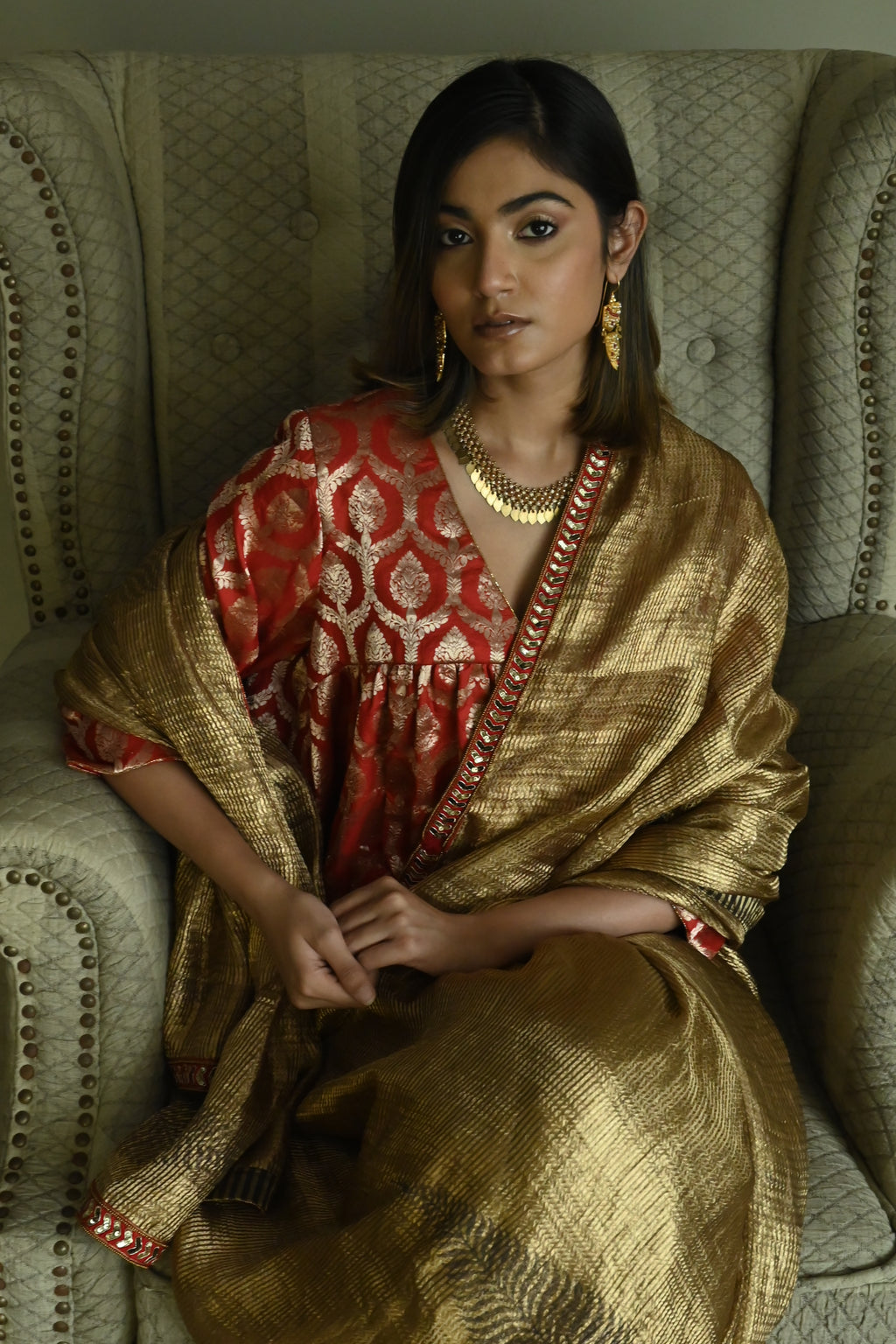 Empireline Blouse in Red Brocade