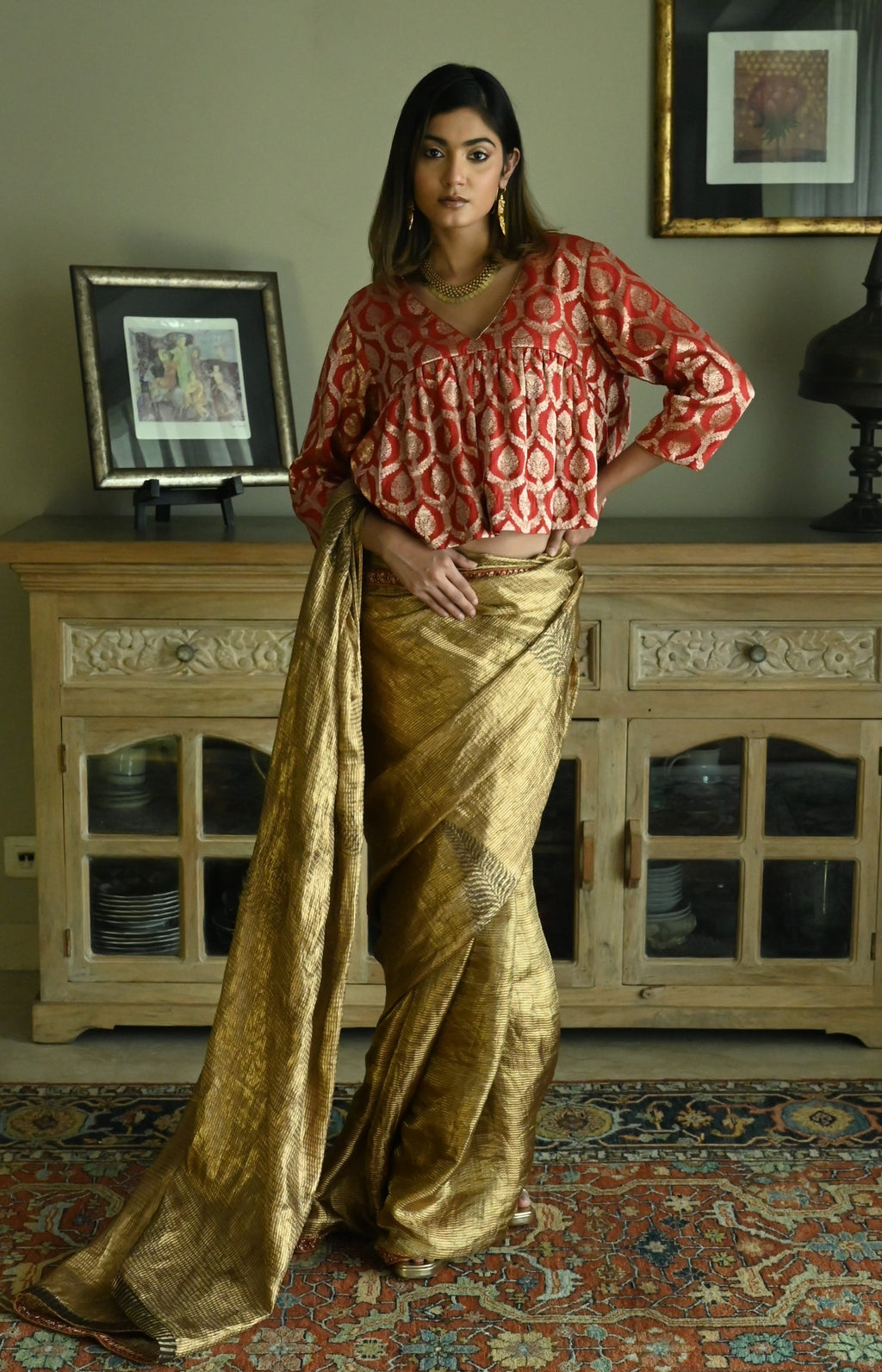 Empireline Blouse in Red Brocade