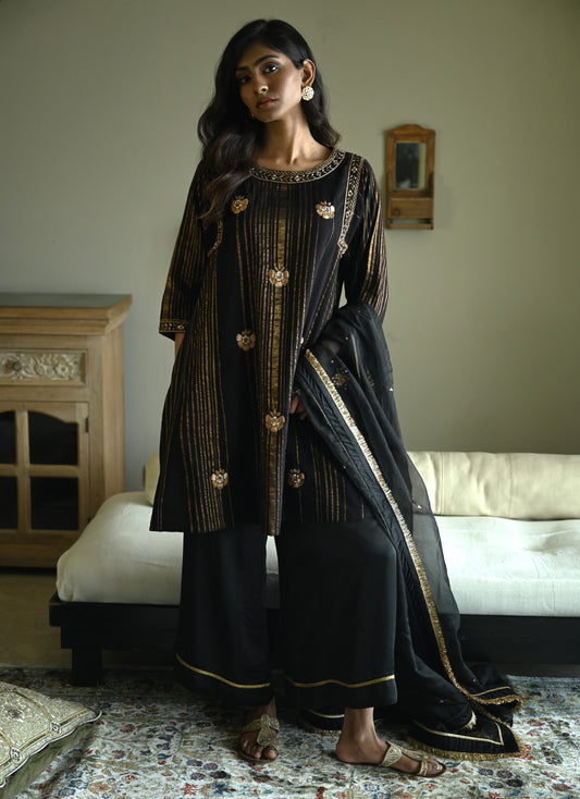 Choga in Black Tussar Khadi Stripe with Black Flared Pant