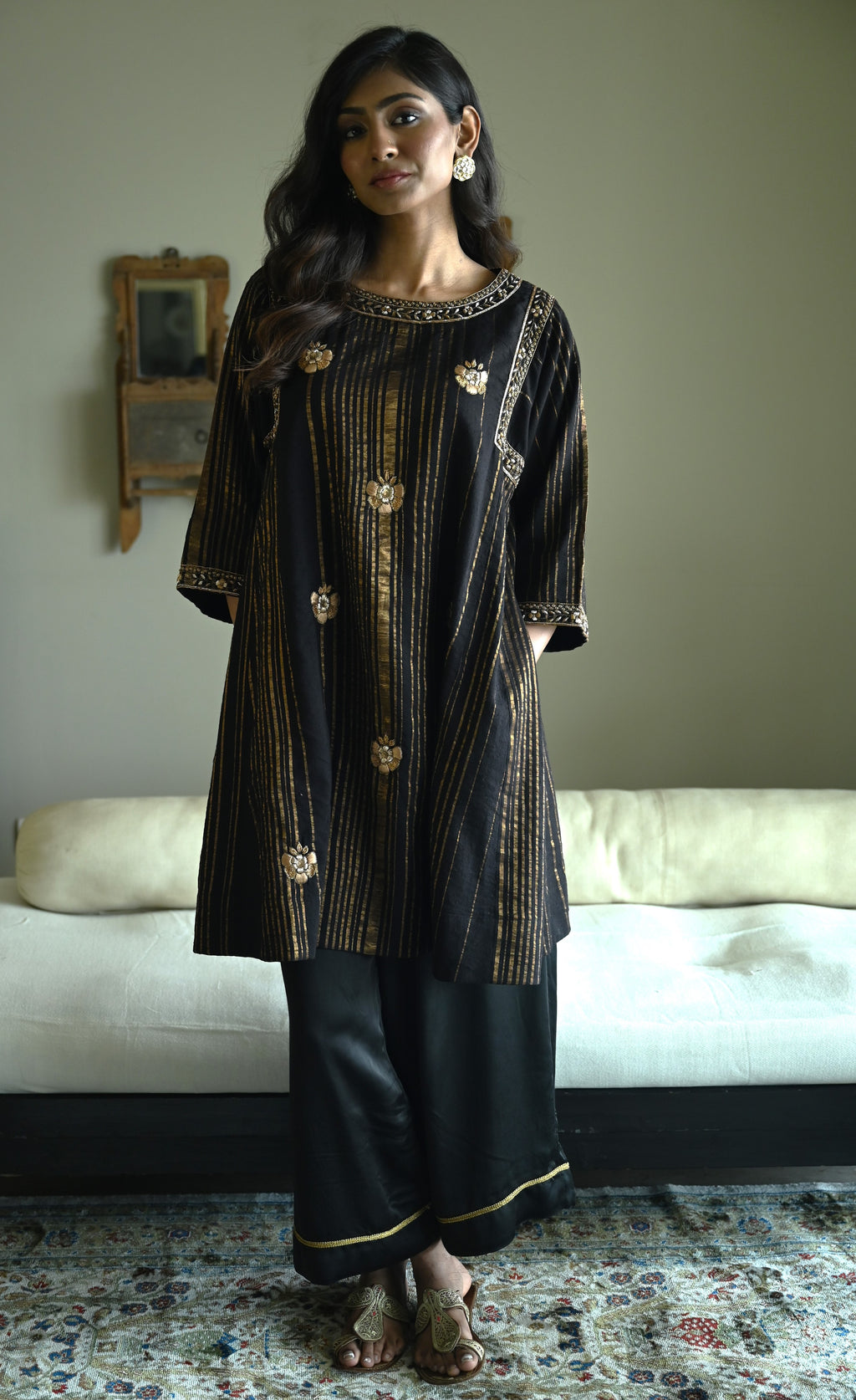 Choga in Black Tussar Khadi Stripe with Black Flared Pant
