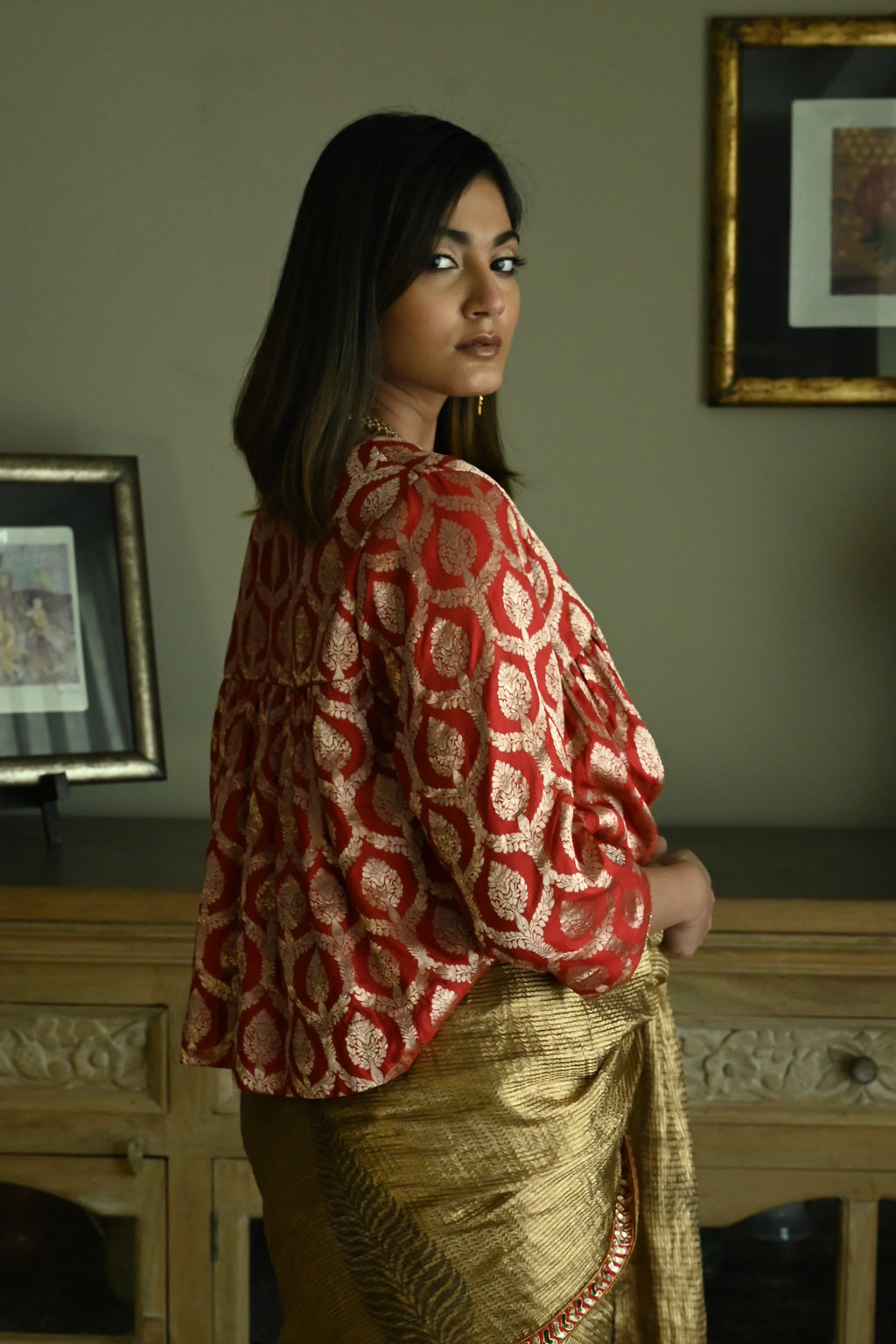 Empireline Blouse in Red Brocade