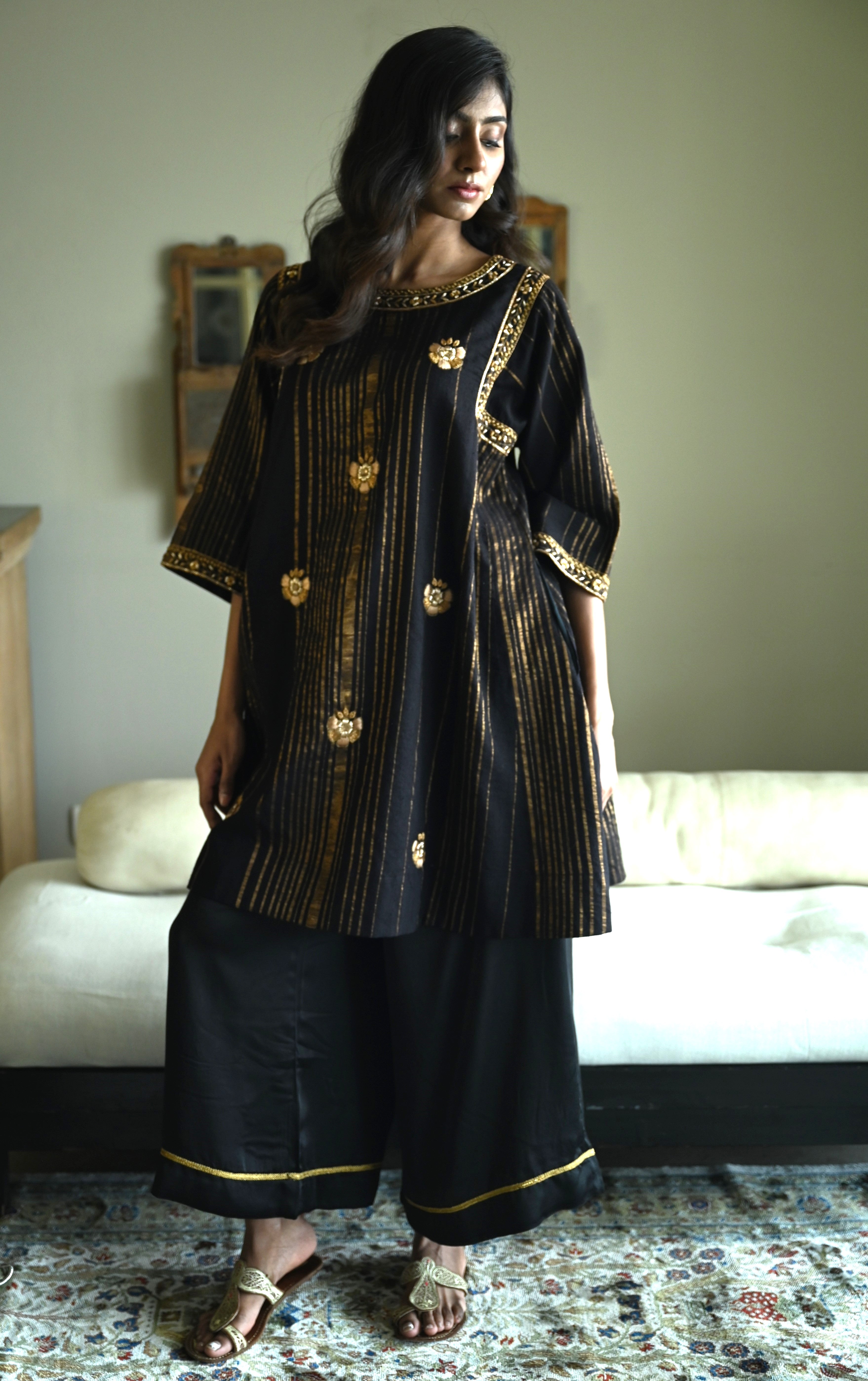 Choga in Black Tussar Khadi Stripe with Black Flared Pant