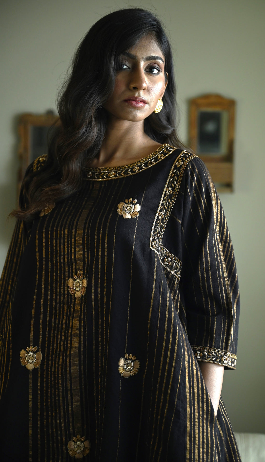 Choga in Black Tussar Khadi Stripe with Black Flared Pant