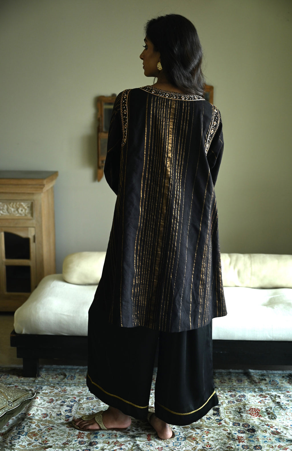 Choga in Black Tussar Khadi Stripe with Black Flared Pant
