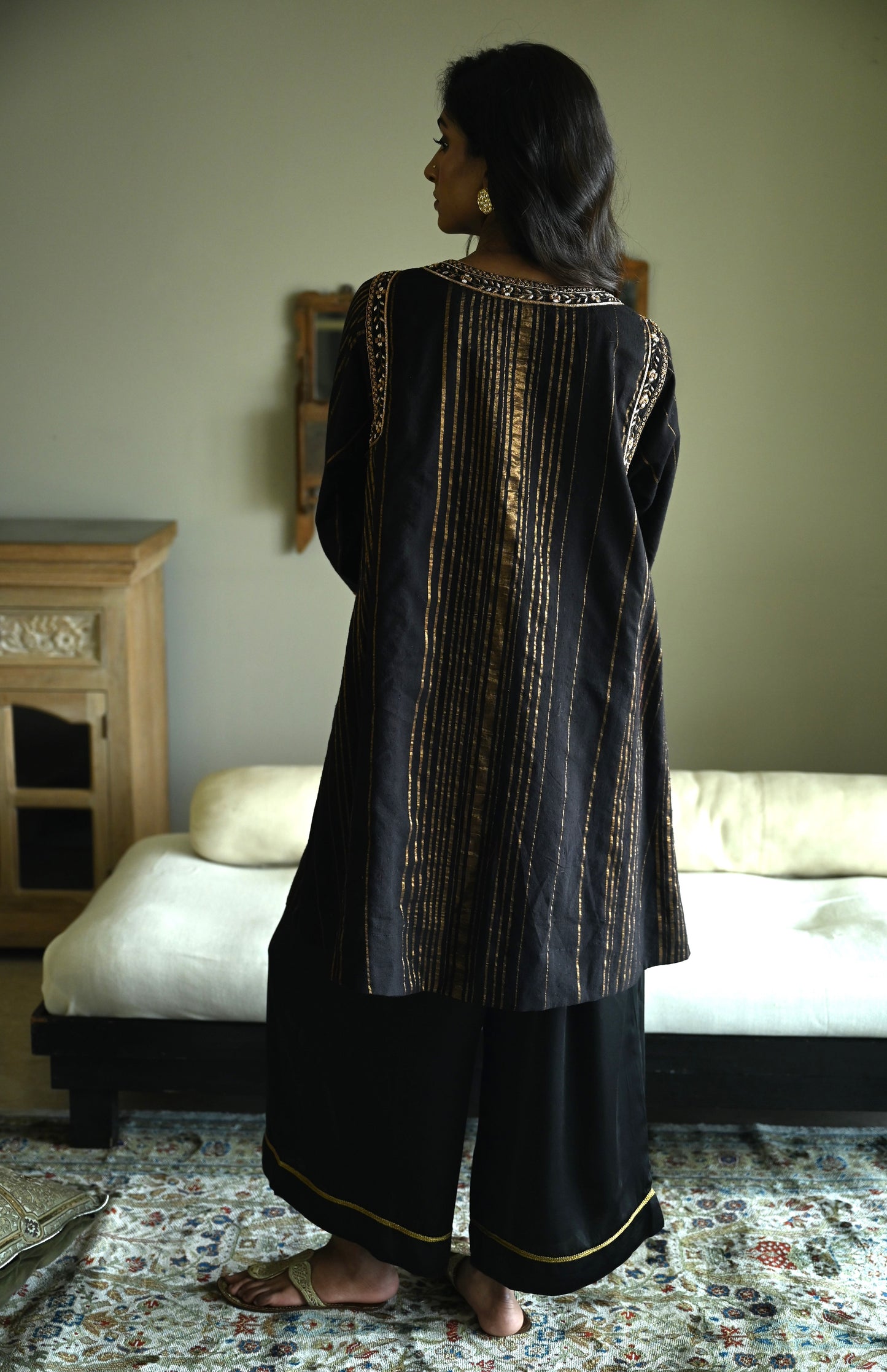 Choga in Black Tussar Khadi Stripe with Black Flared Pant