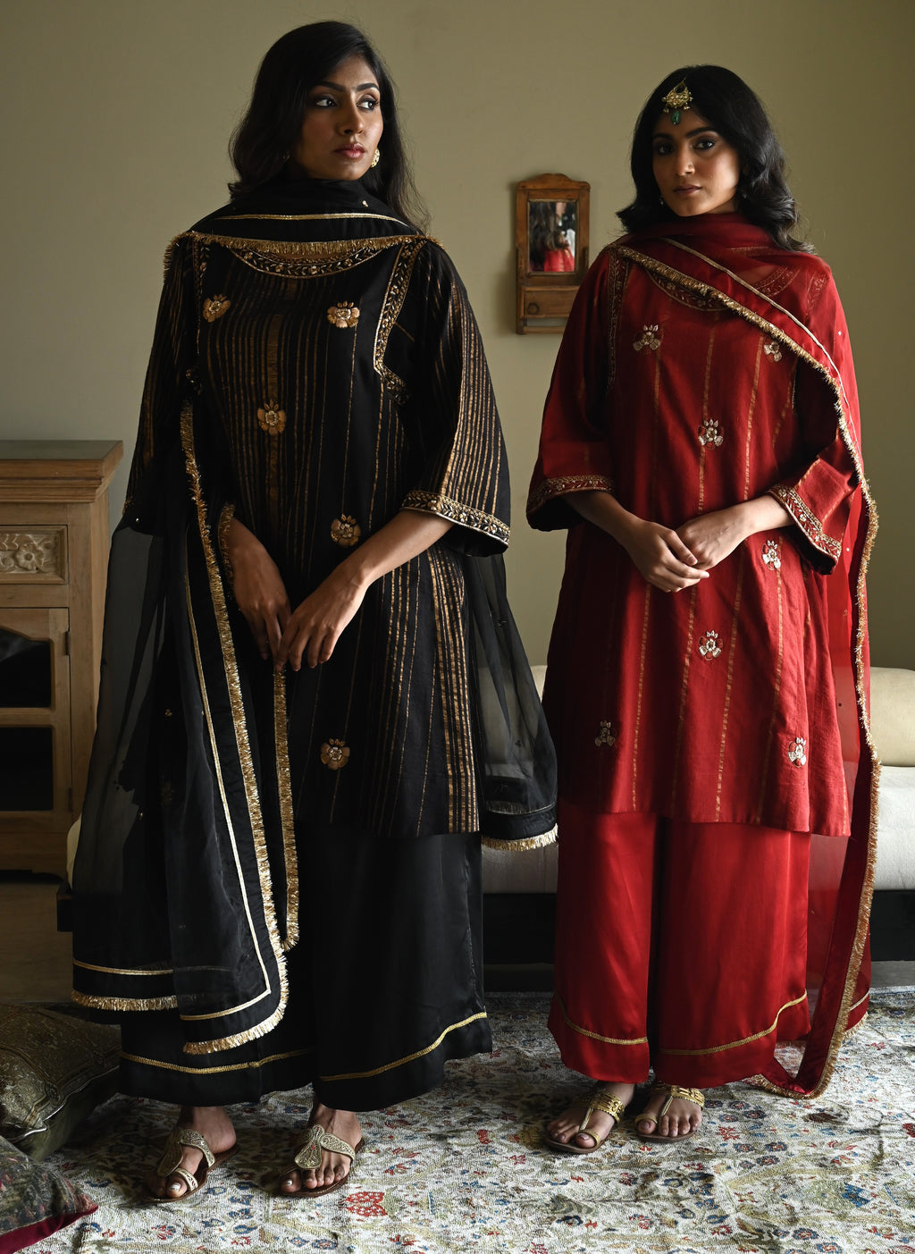 Choga in Black Tussar Khadi Stripe with Black Flared Pant