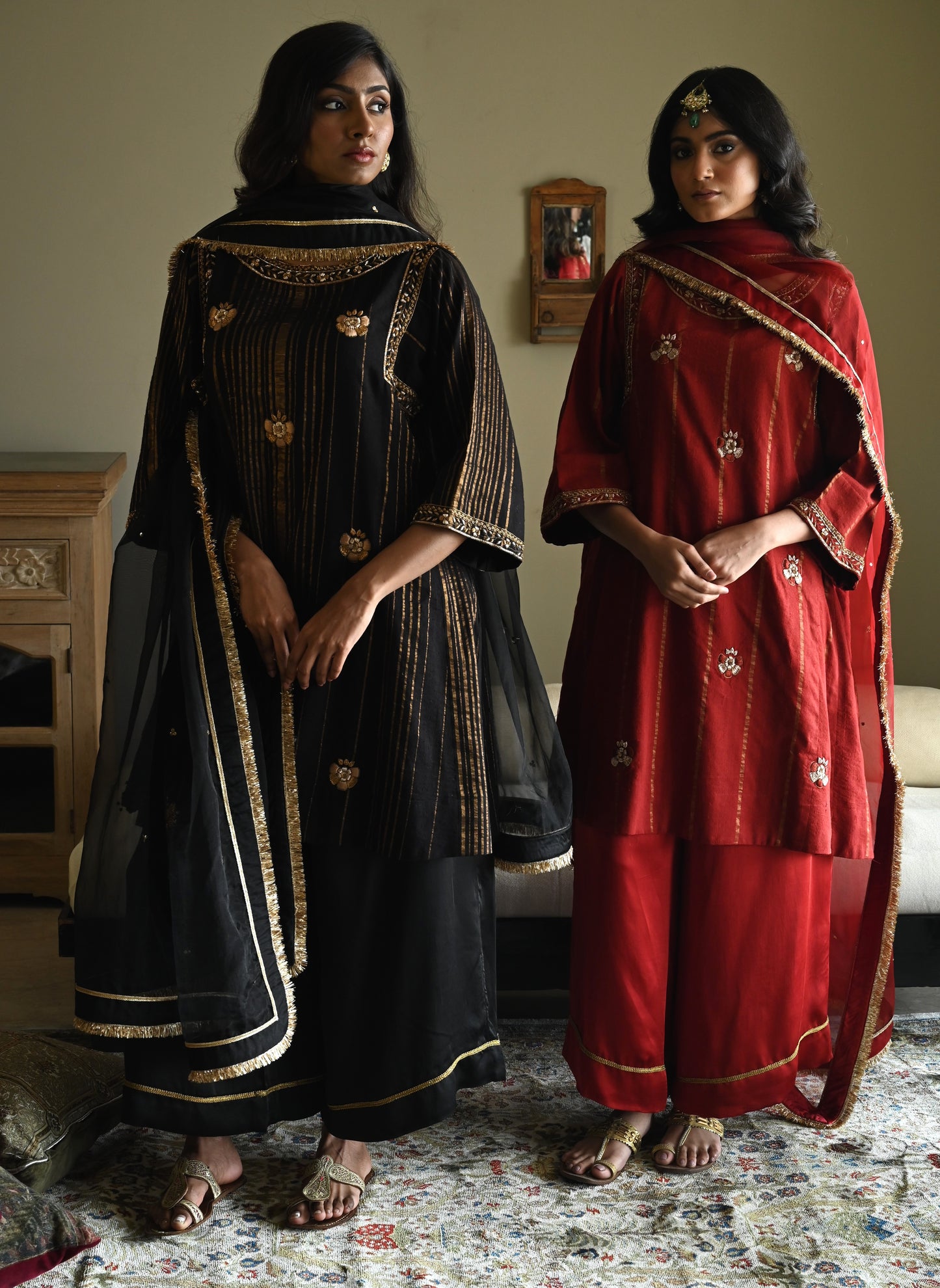 Choga in Black Tussar Khadi Stripe with Black Flared Pant