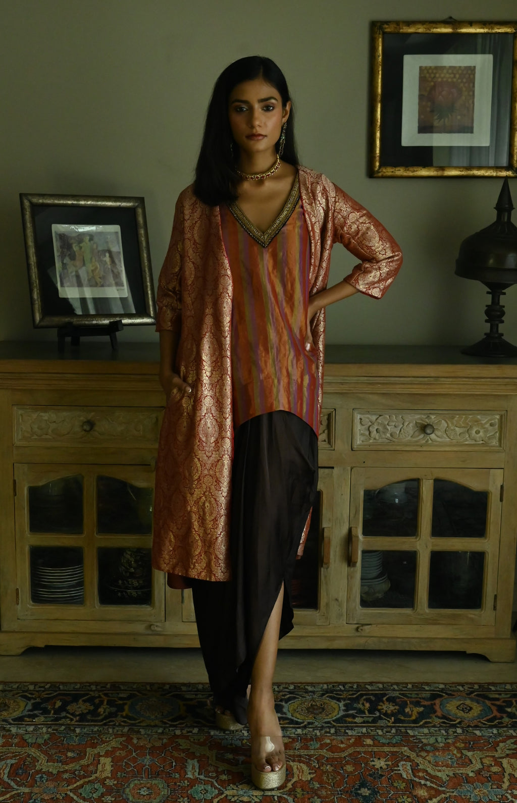 Oonch Neech Kurta in Mauve Tissue Stripes with Brown Cowl Skirt