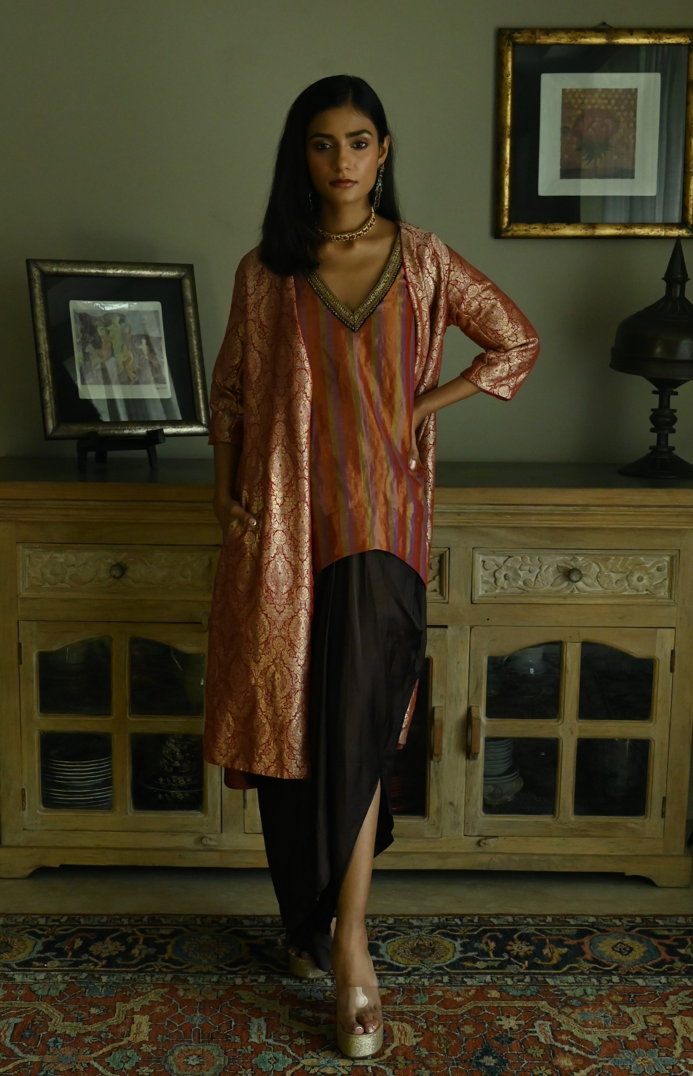 Oonch Neech Kurta in Mauve Tissue Stripes with Brown Cowl Skirt
