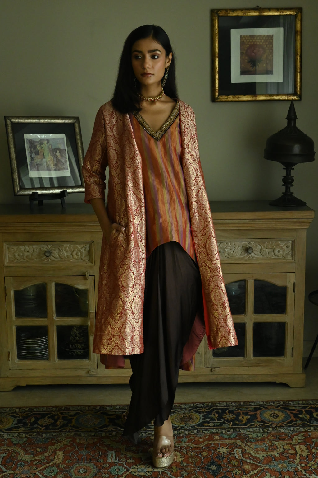 Oonch Neech Kurta in Mauve Tissue Stripes with Brown Cowl Skirt