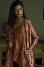 Oonch Neech Kurta in Mauve Tissue Stripes with Brown Cowl Skirt