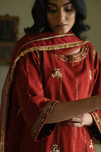 Choga in Red Tussar Khadi Stripe with Red Flared Pant