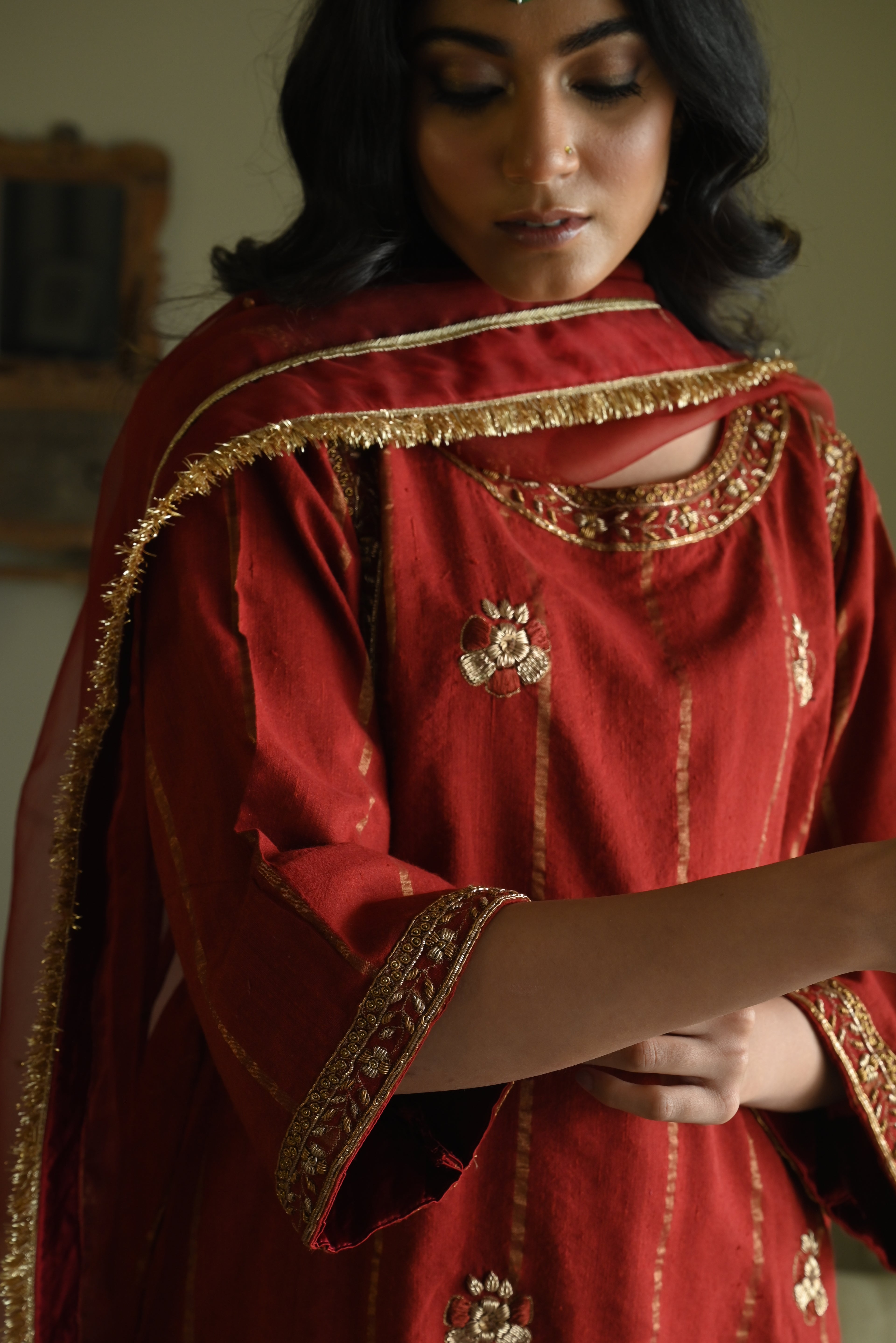 Choga in Red Tussar Khadi Stripe with Red Flared Pant