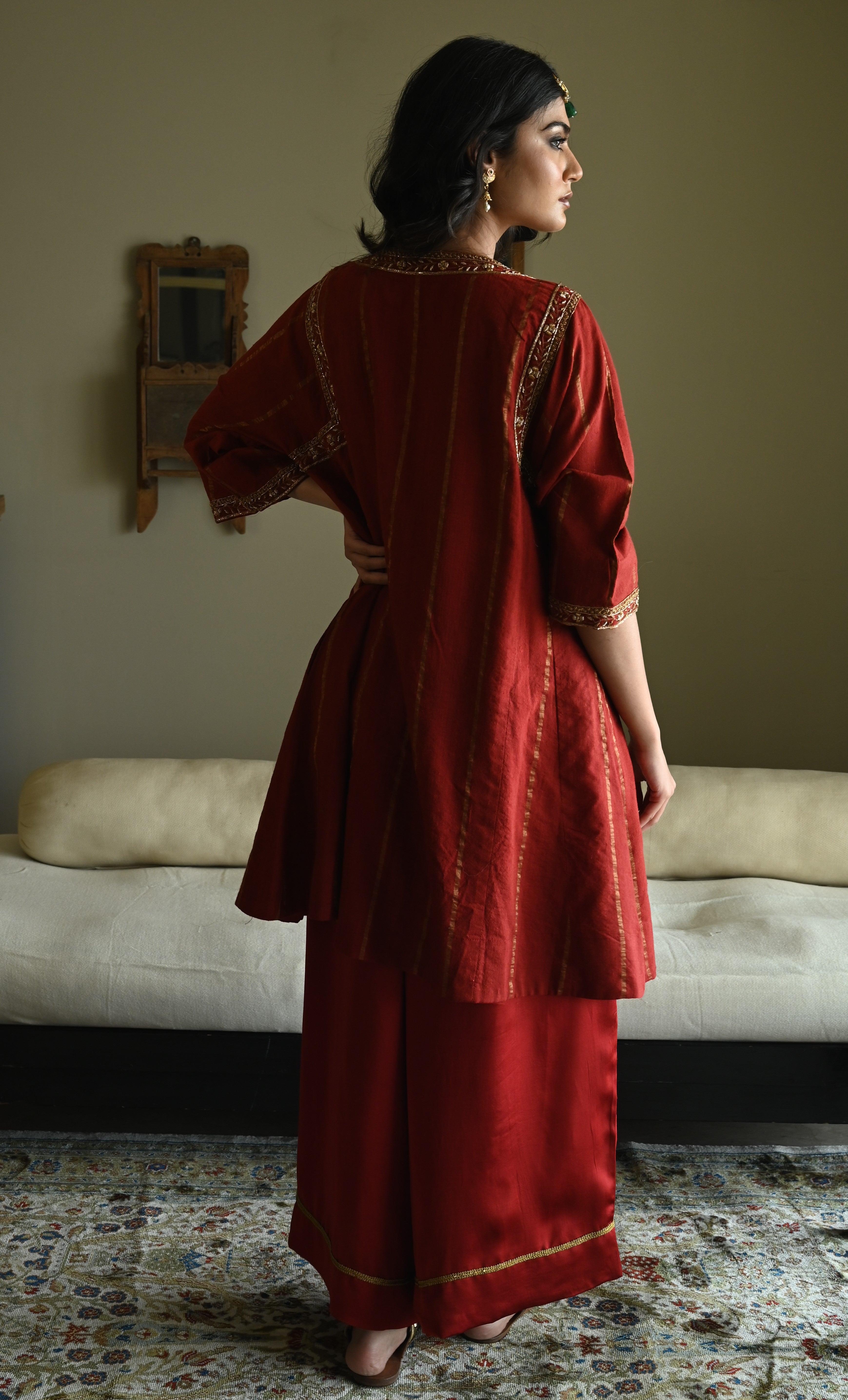 Choga in Red Tussar Khadi Stripe with Red Flared Pant