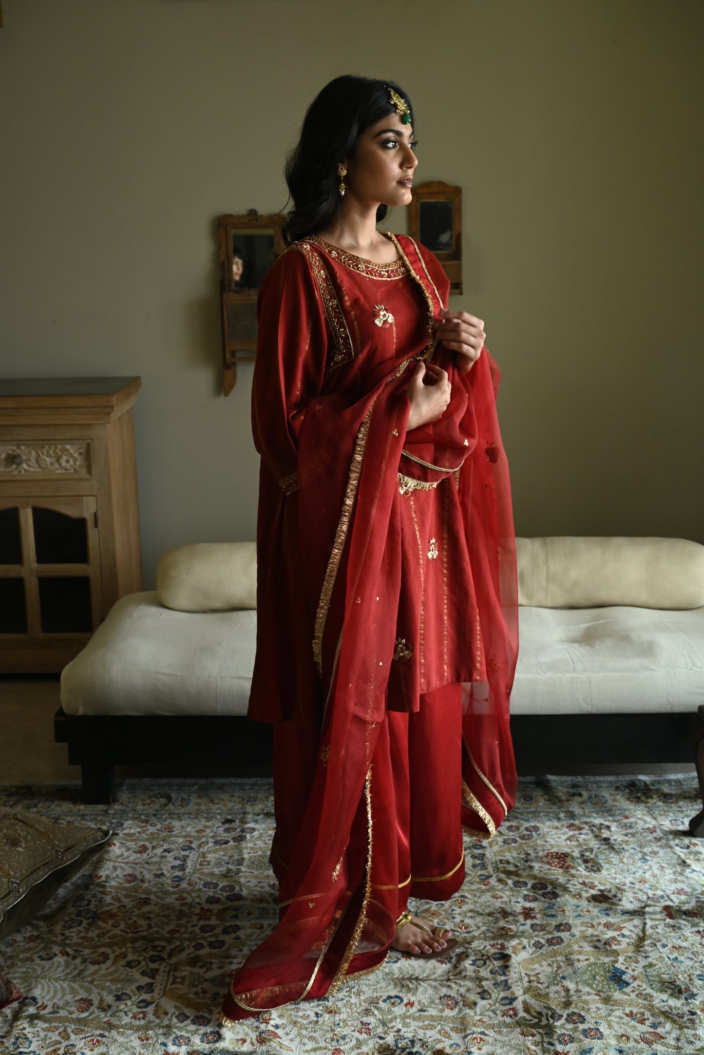 Shiuli  Applique Dupatta in Red Organza