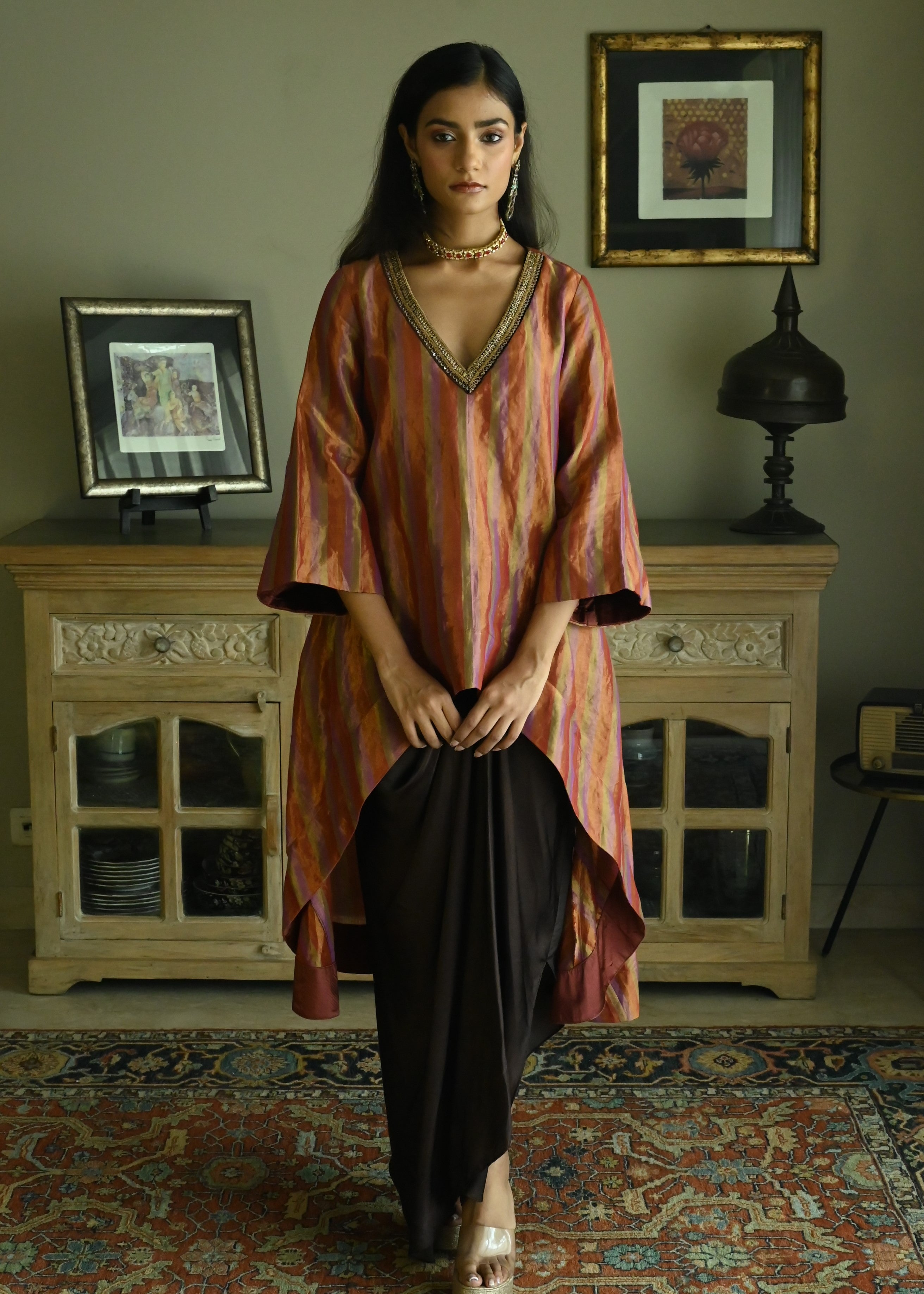 Oonch Neech Kurta in Mauve Tissue Stripes with Brown Cowl Skirt