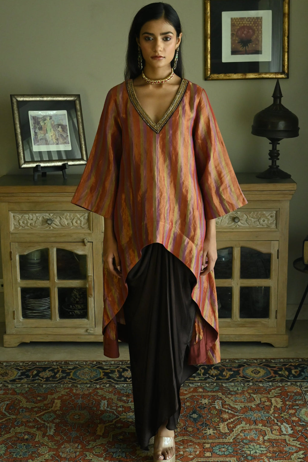 Oonch Neech Kurta in Mauve Tissue Stripes with Brown Cowl Skirt