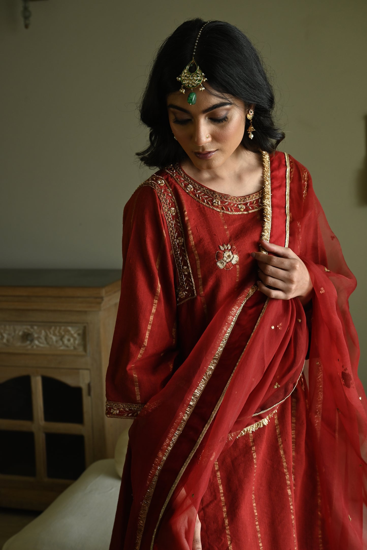 Shiuli  Applique Dupatta in Red Organza