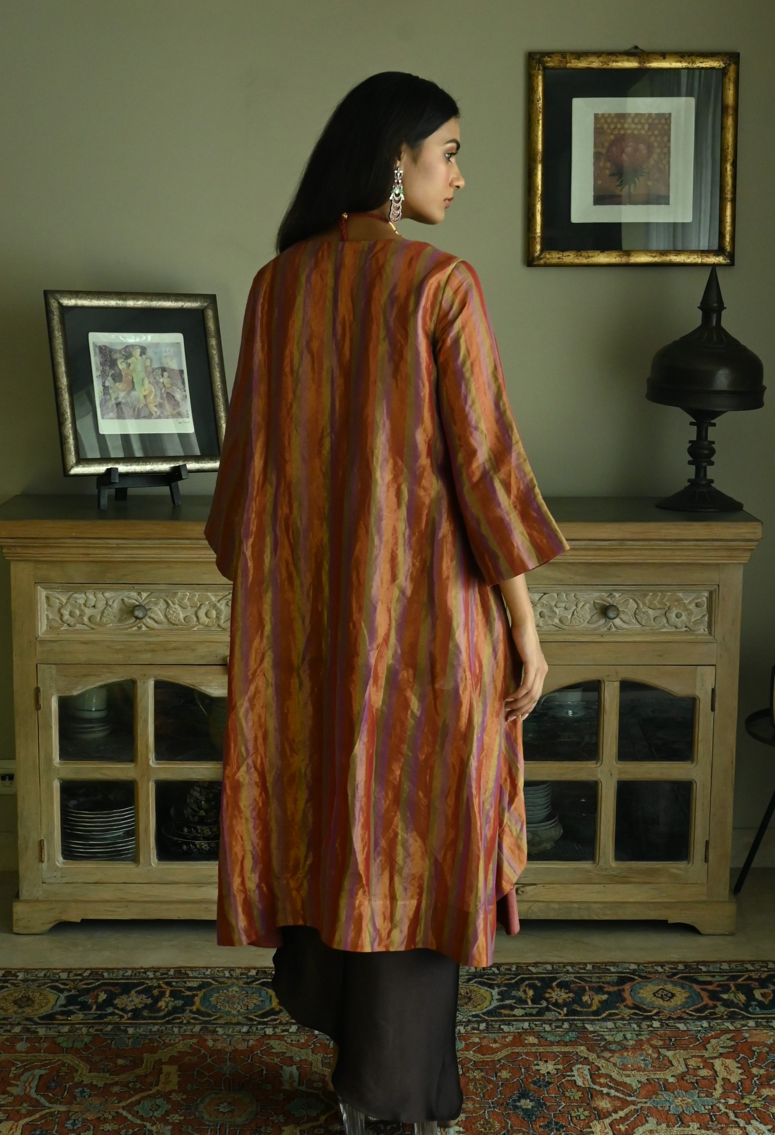 Oonch Neech Kurta in Mauve Tissue Stripes with Brown Cowl Skirt