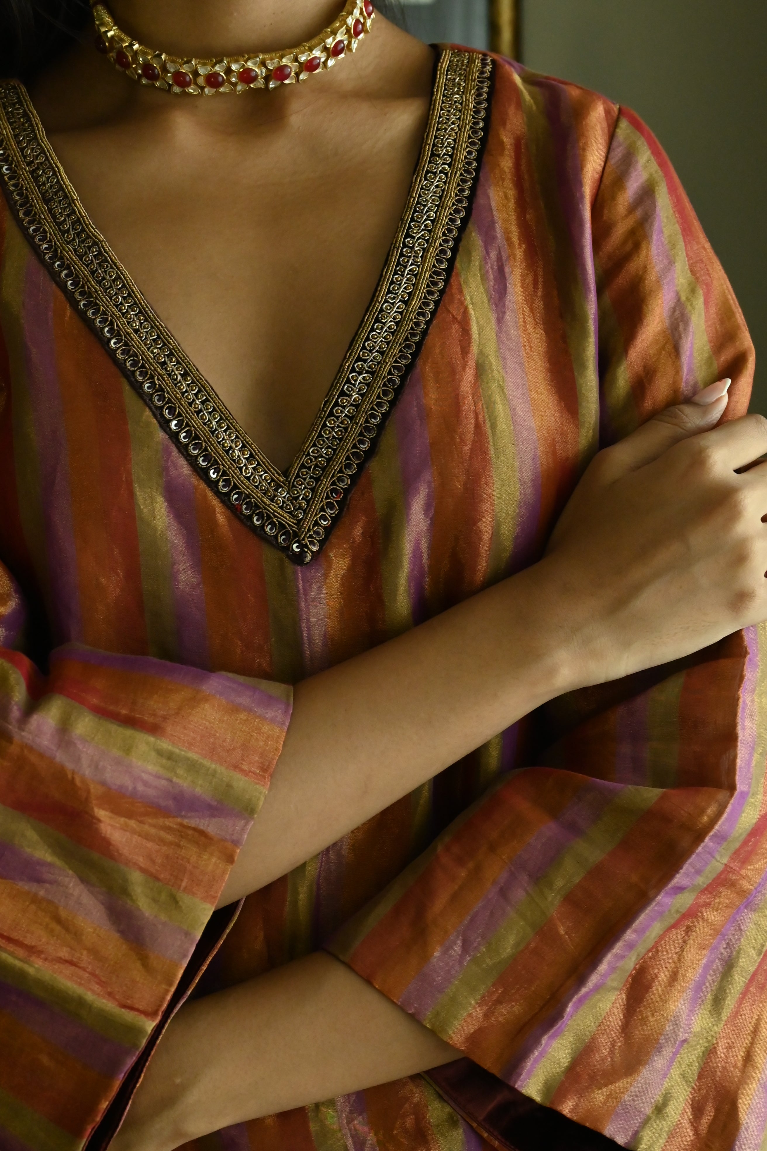 Oonch Neech Kurta in Mauve Tissue Stripes with Brown Cowl Skirt