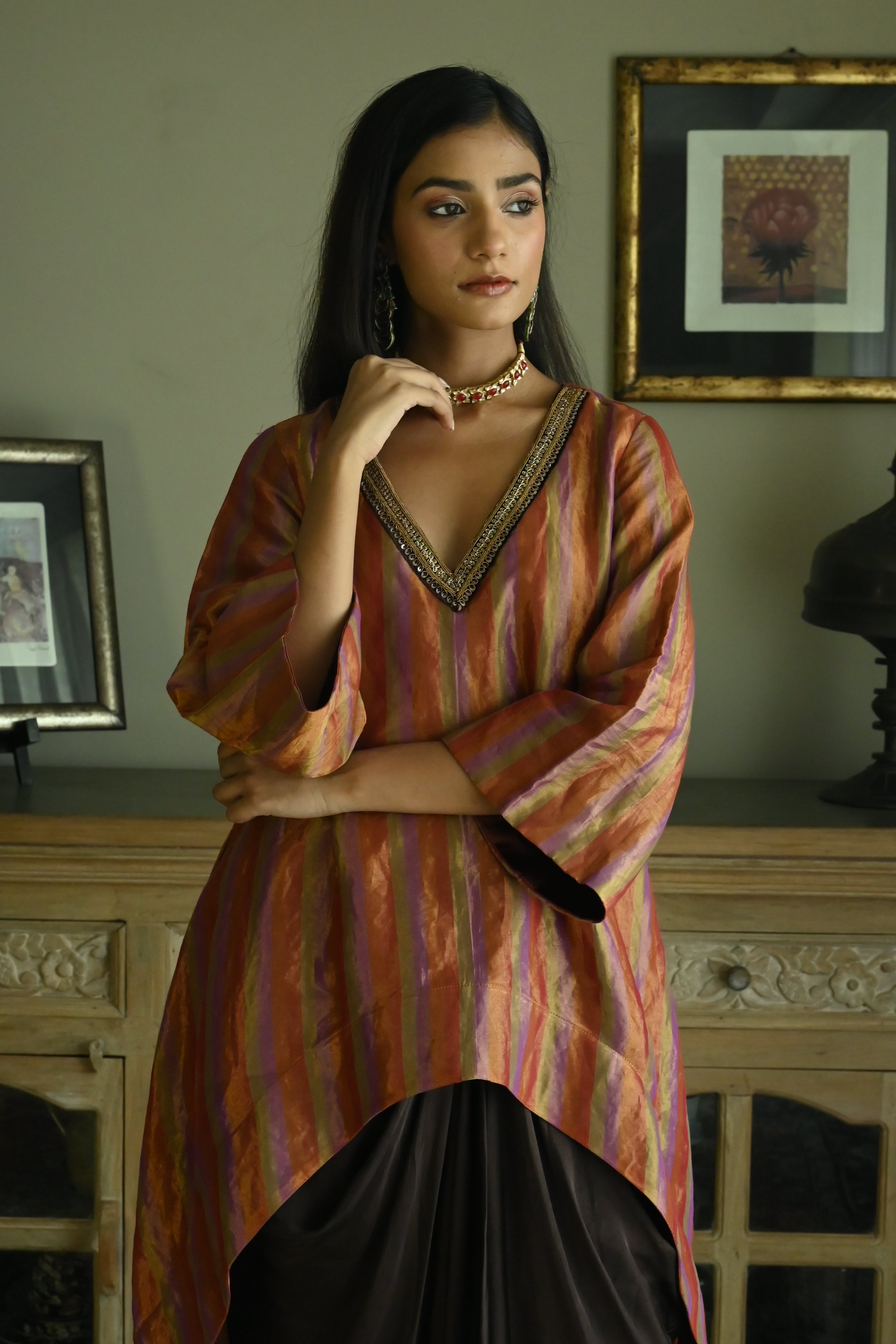 Oonch Neech Kurta in Mauve Tissue Stripes with Brown Cowl Skirt