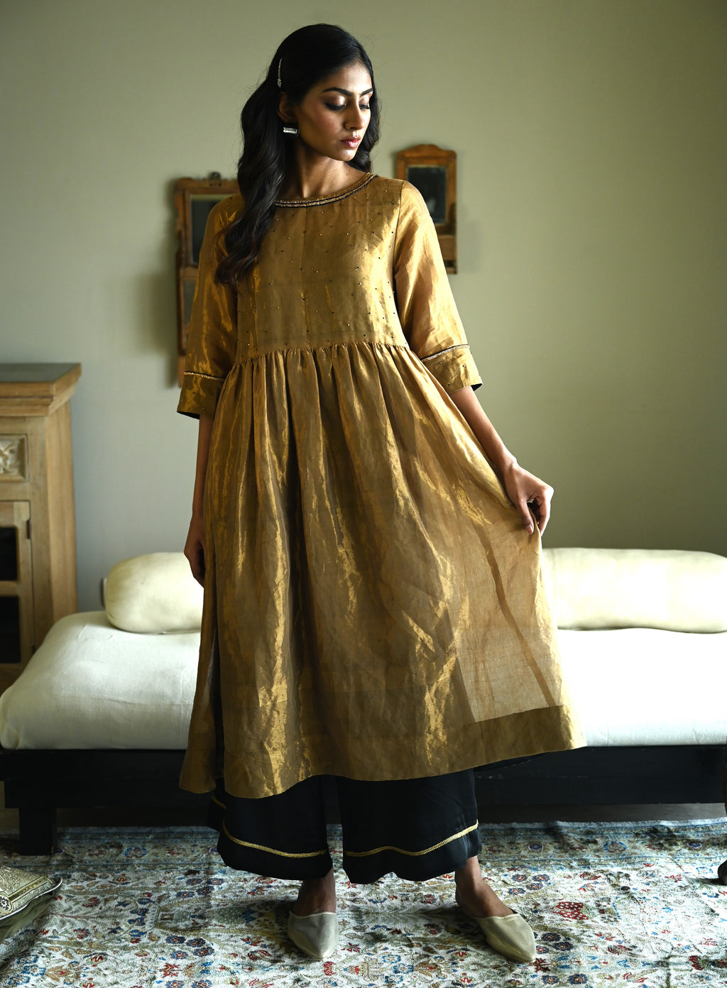 Anna Dress in Gold Tissue with Black Flared Pant