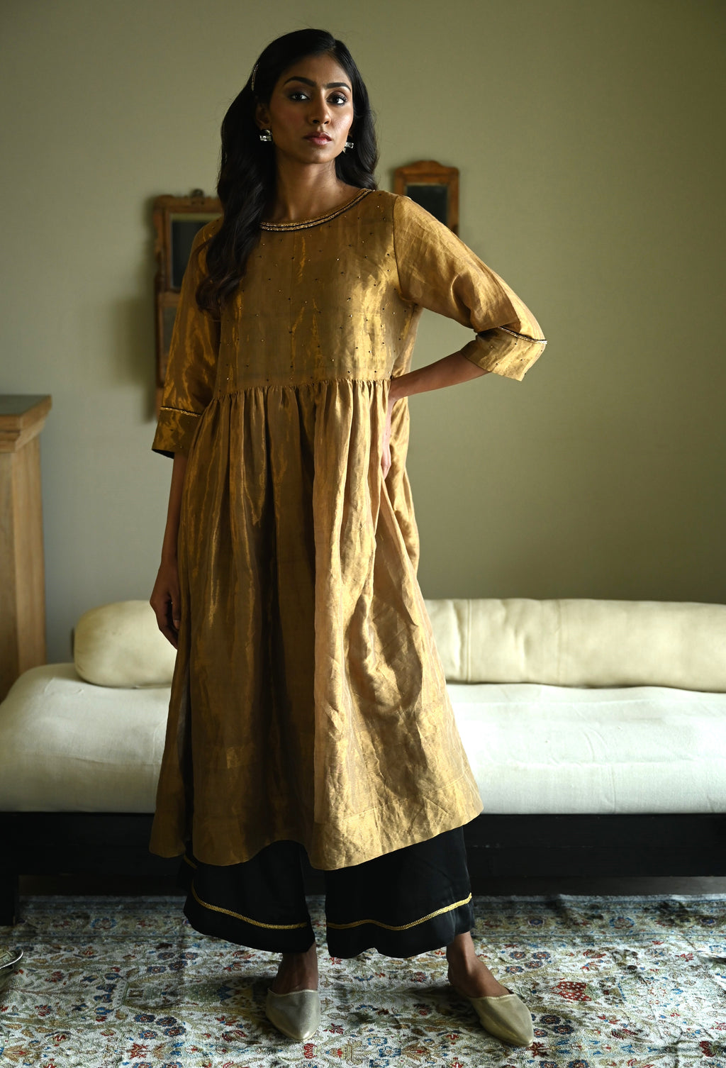 Anna Dress in Gold Tissue with Black Flared Pant